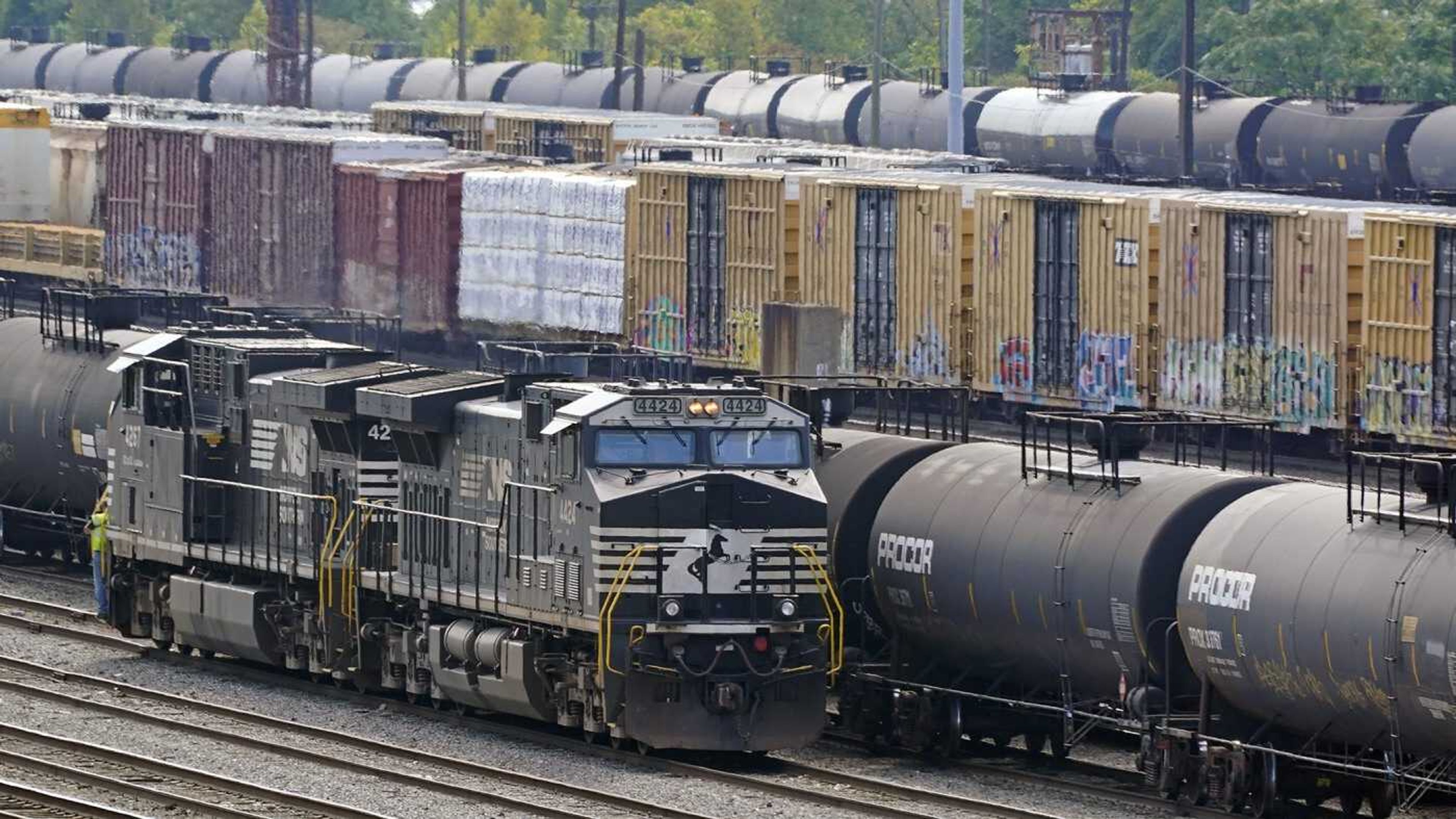 Norfolk Southern locomotives work in the Conway Terminal on Sept. 15 in Conway, Pennsylvania.