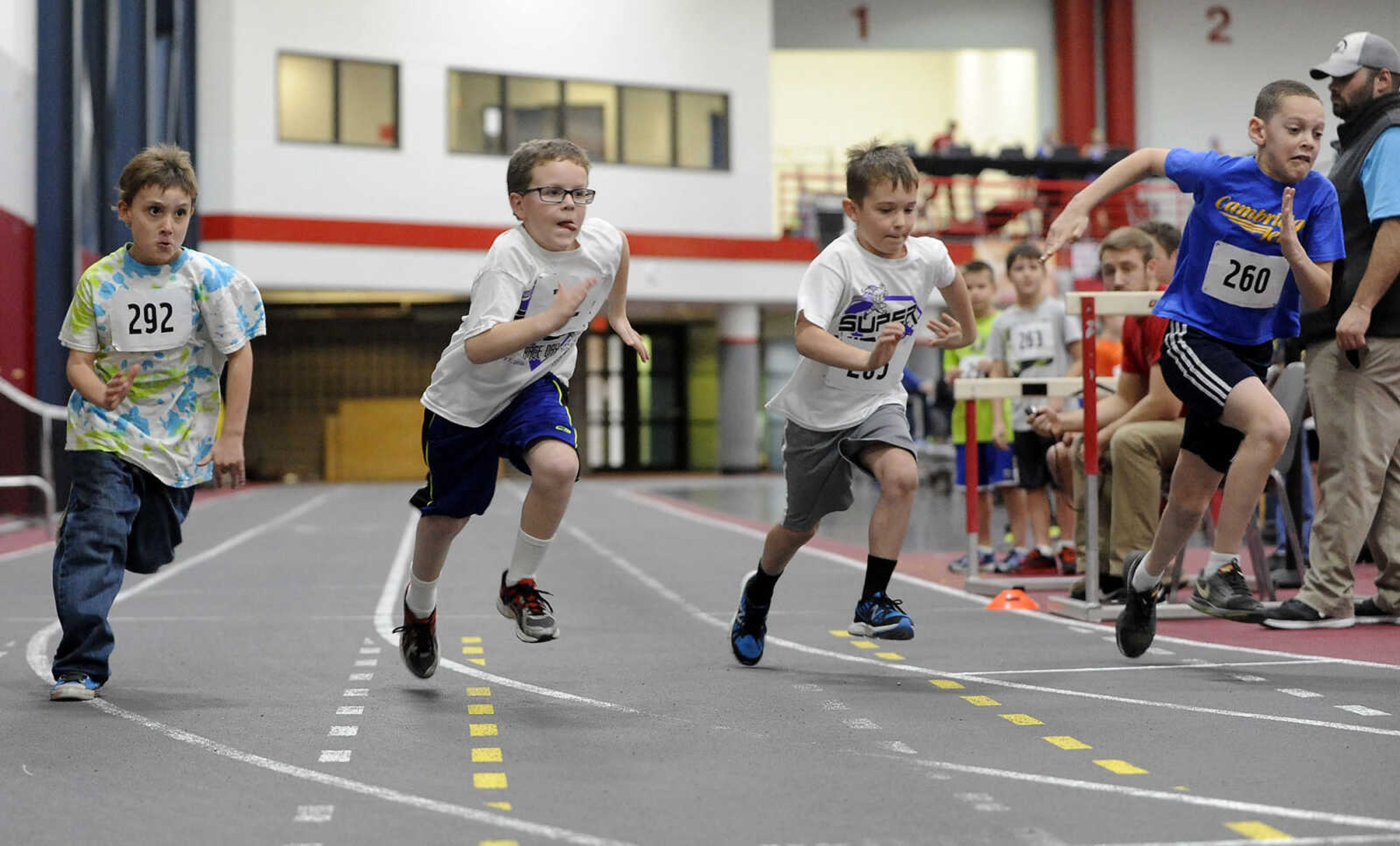 FRED LYNCH ~ flynch@semissourian.com
Ben Breeden, left, Chase Roberts, Eli Manley and James Walters begin a 400-meter race for 8-year-old boys at the Super Kids Race Day on Sunday, Feb. 7, 2016 at the Student Recreation Center.