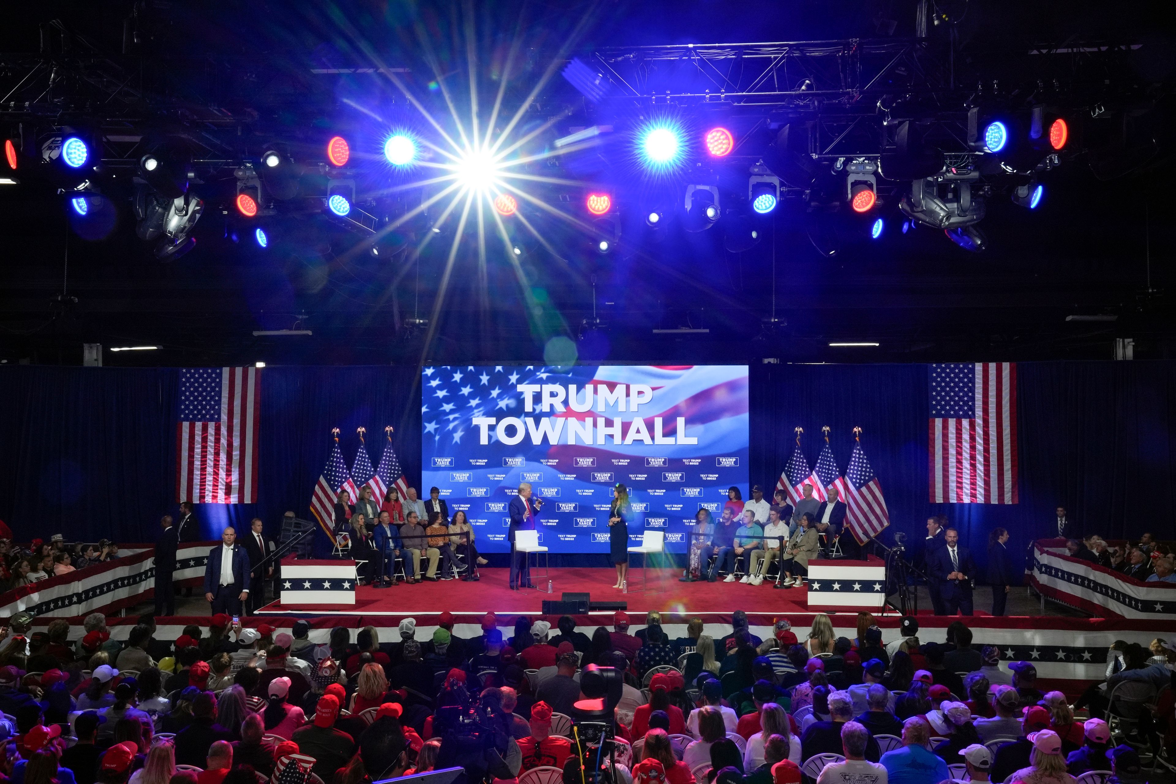 Republican presidential nominee former President Donald Trump speaks at a campaign town hall at the Greater Philadelphia Expo Center & Fairgrounds, Monday, Oct. 14, 2024, in Oaks, Pa. (AP Photo/Matt Rourke)