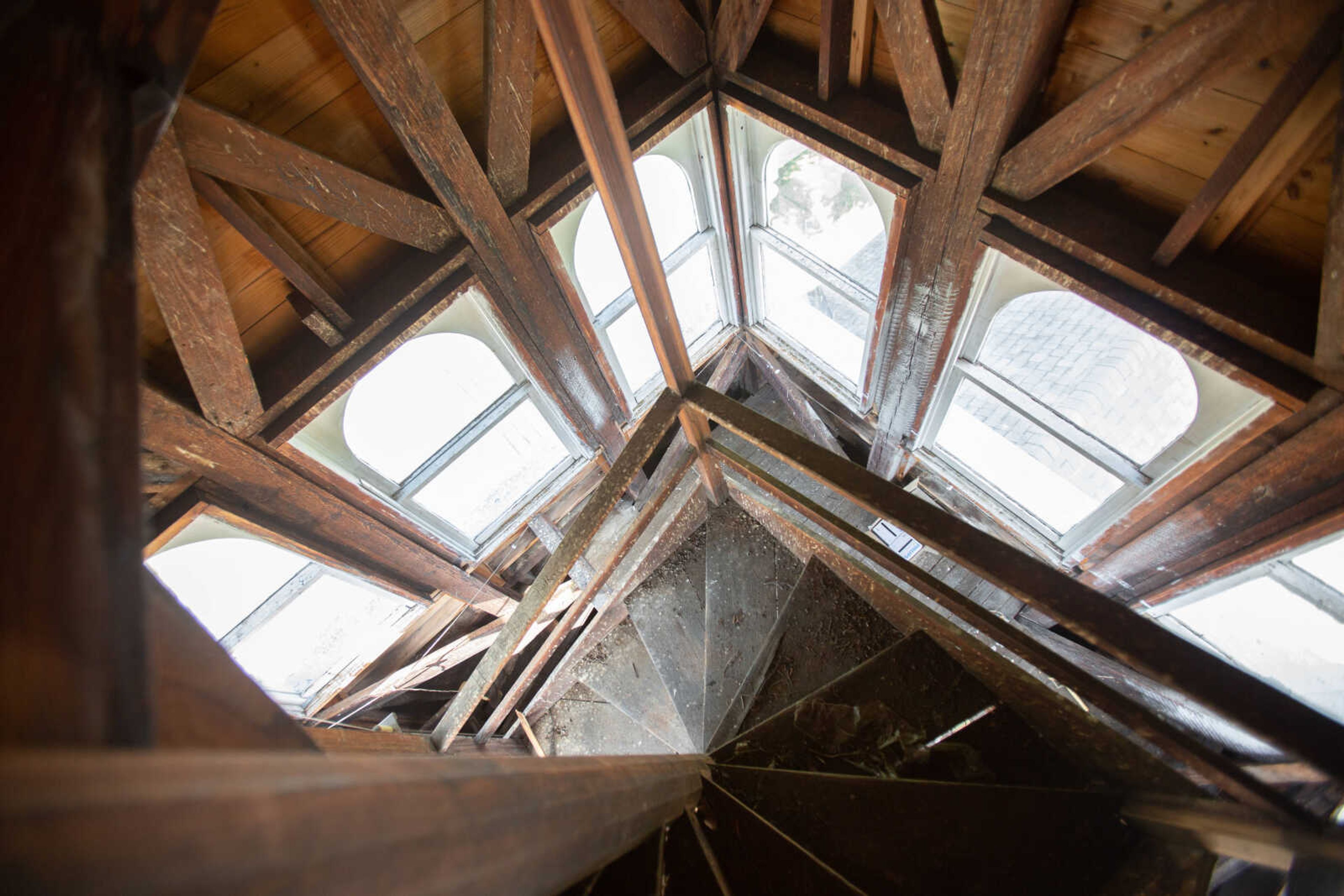 A narrow staircase winds up the interior of the Common Pleas Courthouse cupola on Tuesday, June 16, 2020.