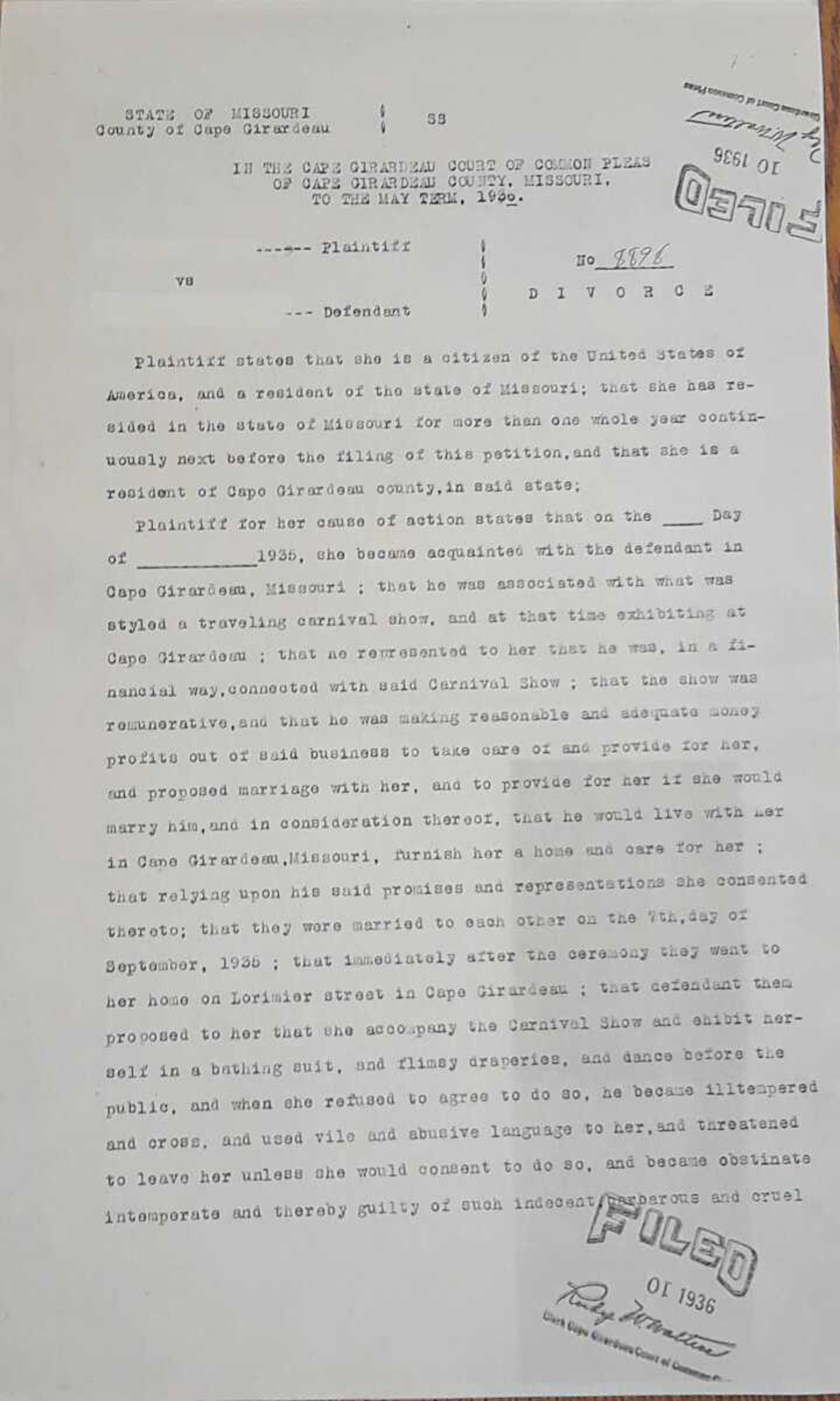  A photo displays one of the archive's divorce records featuring a disagreement over a carnival job. Indexes at the Cape Girardeau County Archives contain many documents such as this one, detailing couples' reasons for divorce in Cape Girardeau County.  