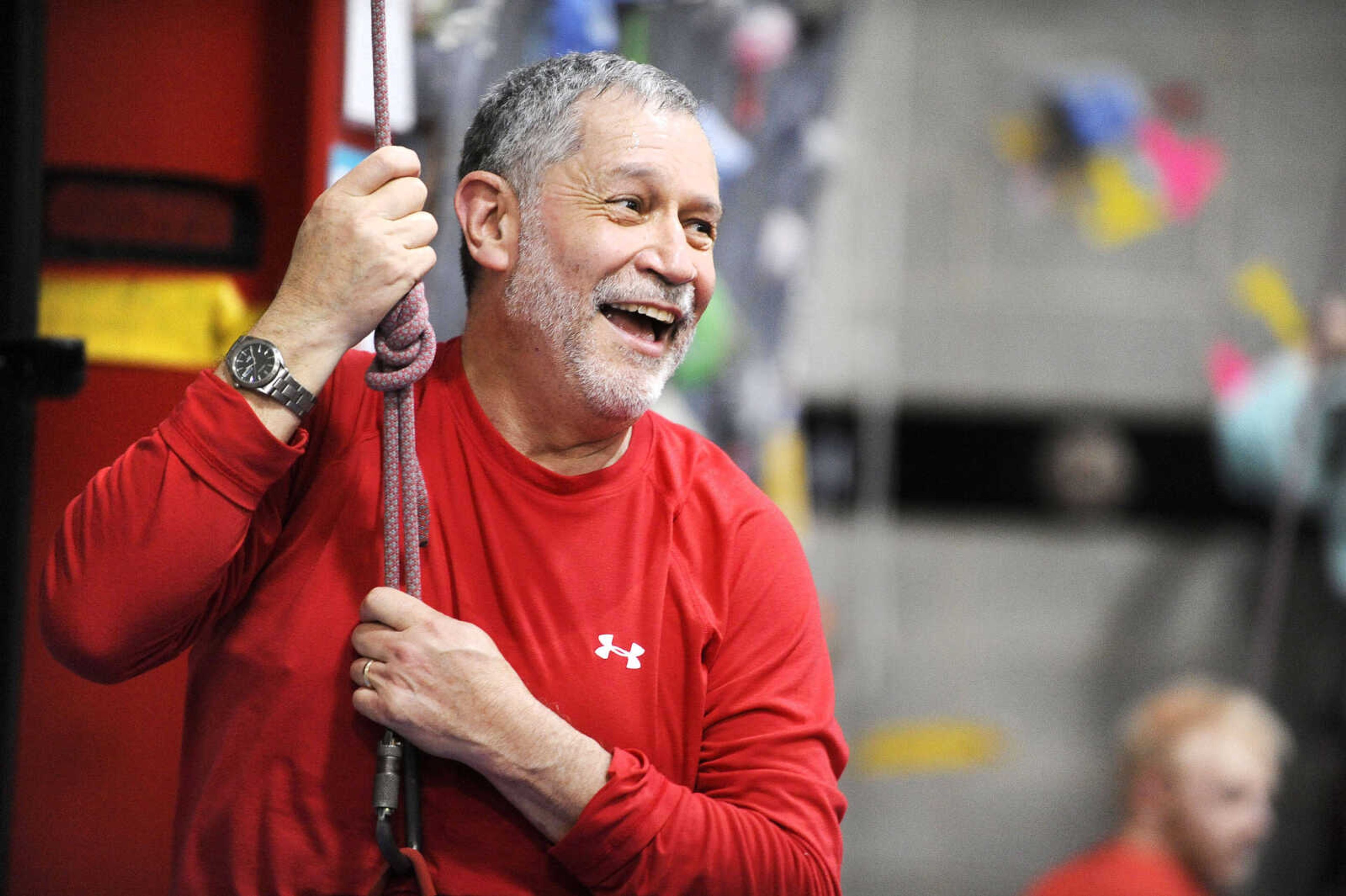 LAURA SIMON ~ lsimon@semissourian.com

Carlos Vargas-Aburto, president of Southeast Missouri State University, smiles after climbing a rock wall inside the Student Recreation Center - North on Saturday, March 12, 2016.