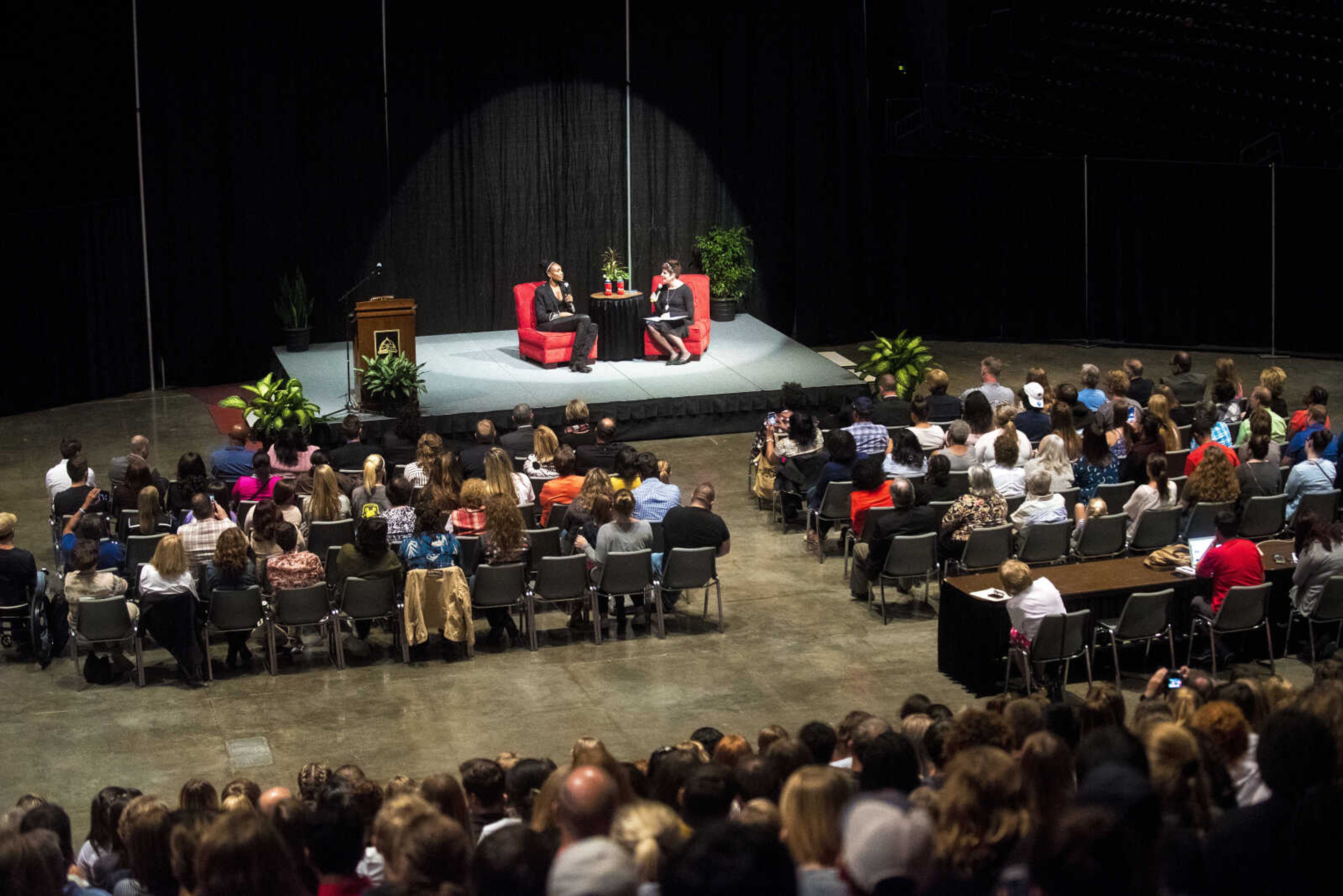 Venus Williams speaks during the Speakers Series interviewed by Brooke Clubbs, Instructor and Director of Health Communication at Southeast Missouri State University Thursday, Sept. 14, 2017 at the Show Me Center in Cape Girardeau.