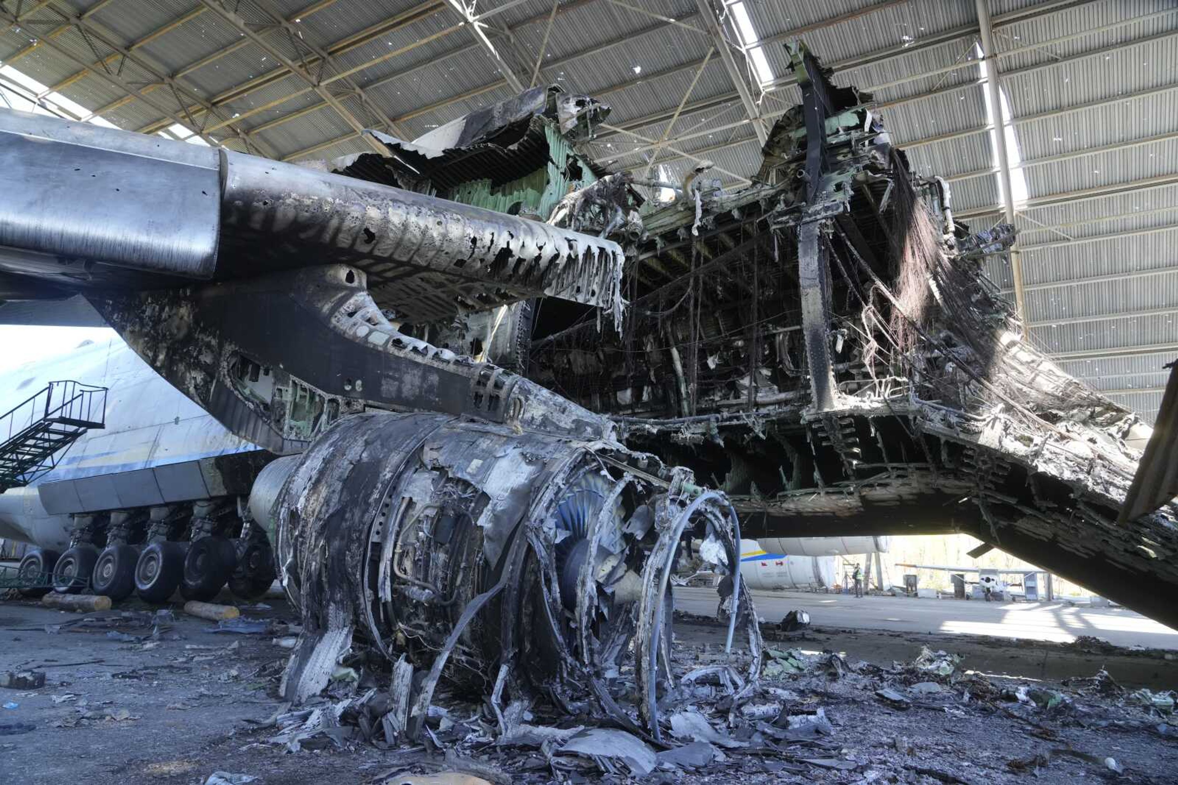 The gutted remains of an Antonov An-225, the world's biggest cargo aircraft, destroyed during recent fighting between Russian and Ukrainian forces, Thursday at the Antonov airport in Hostomel, on the outskirts of Kyiv, Ukraine.