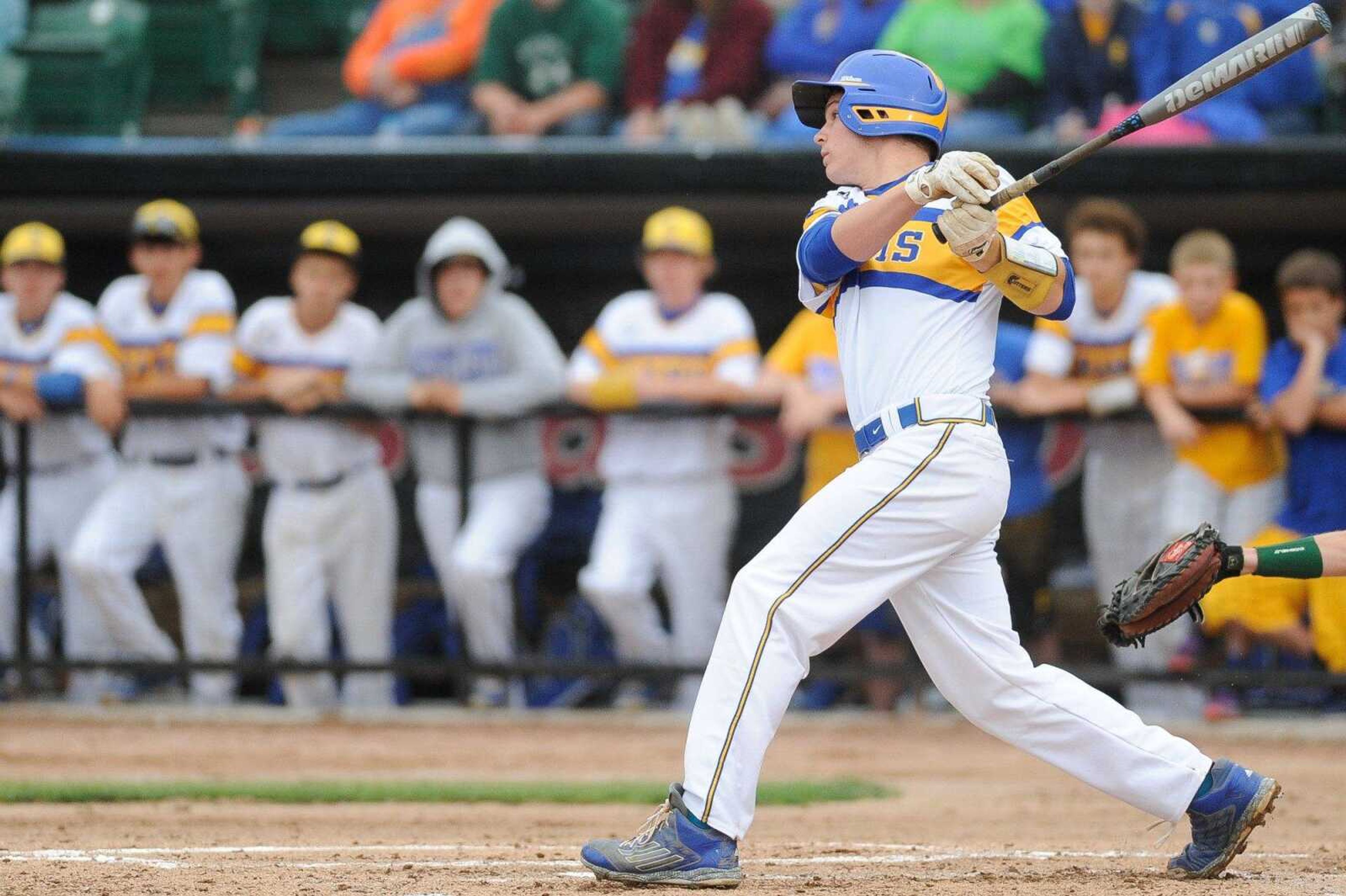 Scott City's Braden Cox swings and flies out to right field in the first inning against Warsaw during a Class 3 semifinal Monday, June 1, 2015 in O Fallon, Missouri. (Glenn Landberg)