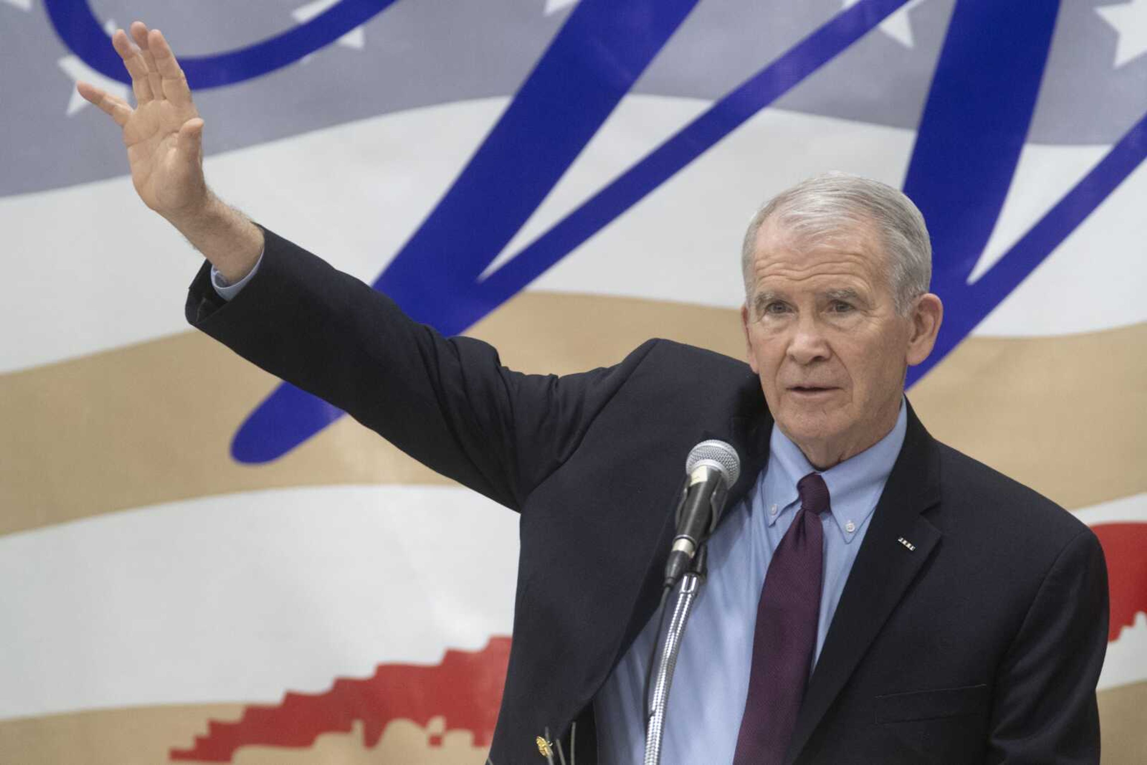 Oliver North, a combat veteran of the Marine Corps and president of the National Rifle Association, speaks during the 50th annual Lincoln Day celebration Saturday at the Osage Centre in Cape Girardeau.