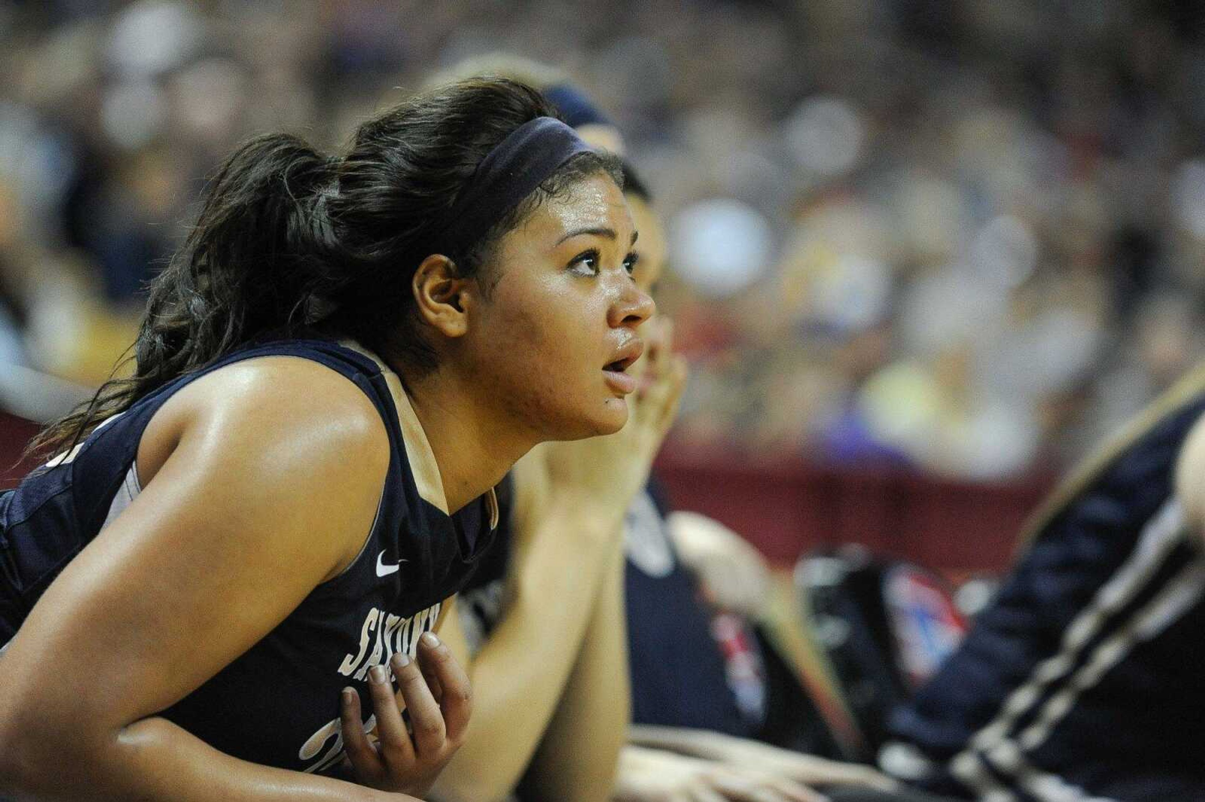 Ashlynn Collier looks on anxiously from the Saxony Lutheran bench during a game against Strafford in the Class 3 state championship on Friday at Mizzou Arena in Columbia, Missouri.