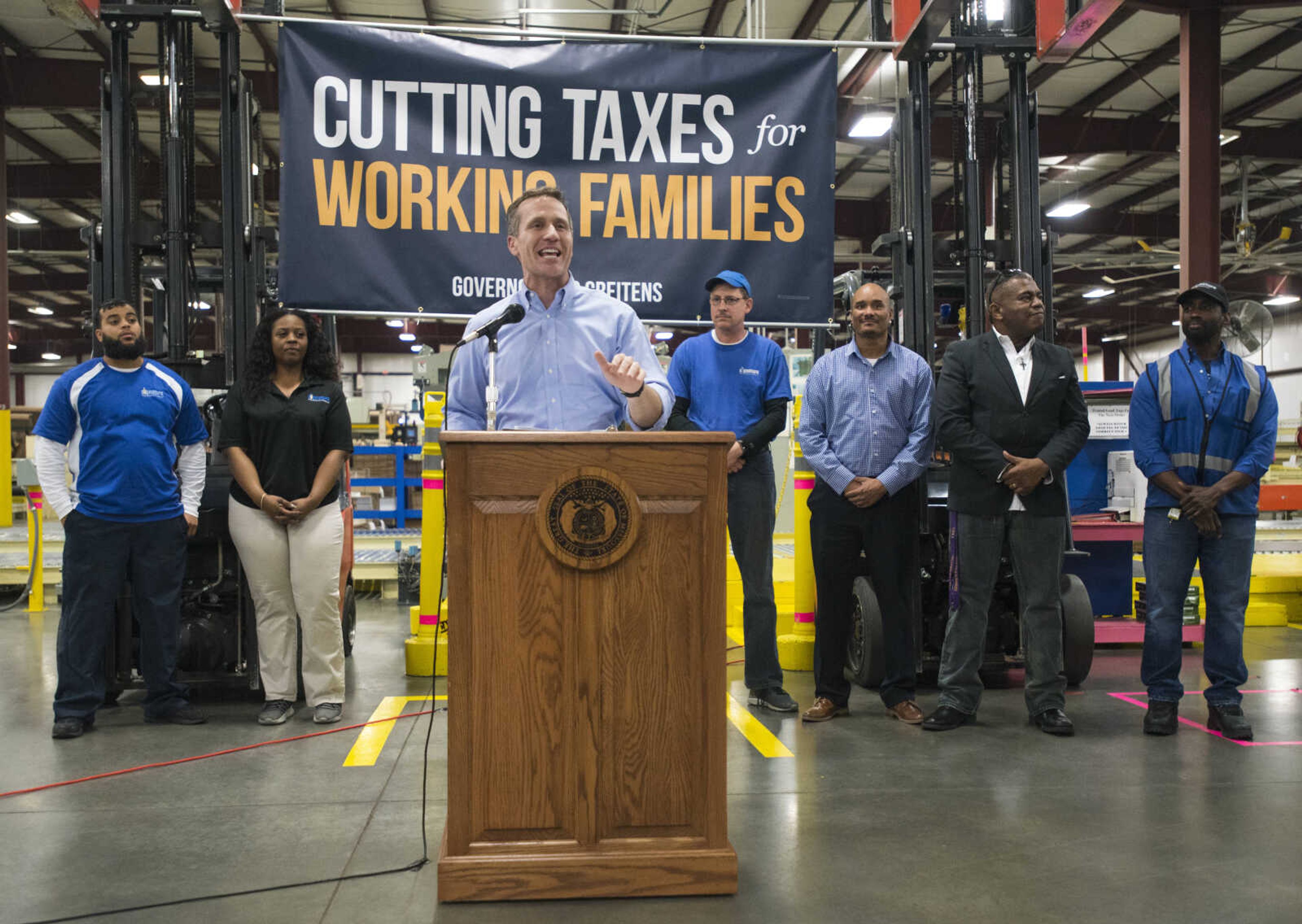 Governor Eric Greitens speaks about the state's tax plan Jan. 29, 2018, at Signature Packaging and Paper in Jackson.