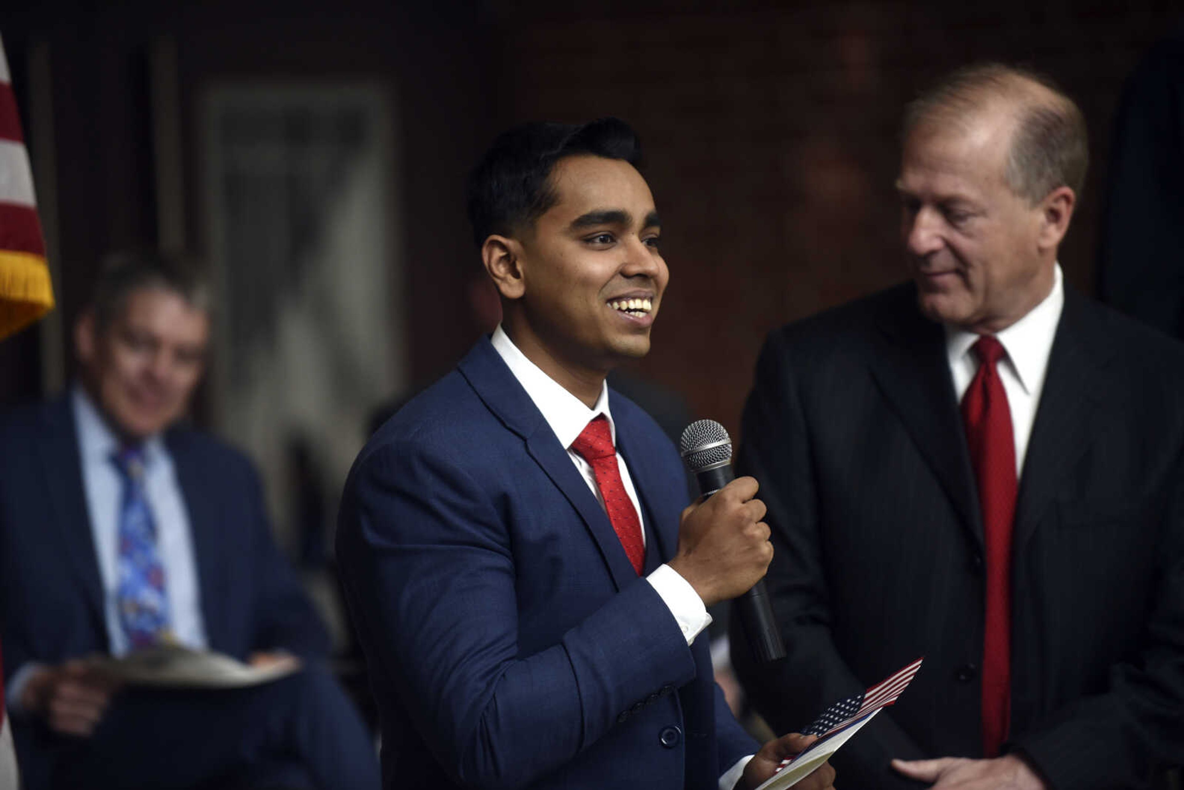 Candidate for American citizenship Md Saddam Hossain shares a little bit about himself during the United States District Court Eastern District of Missouri Southeastern Division's naturalization ceremony on Friday, April 6, 2018, at the Rush Hudson Limbaugh, Jr., United States Courthouse in Cape Girardeau.