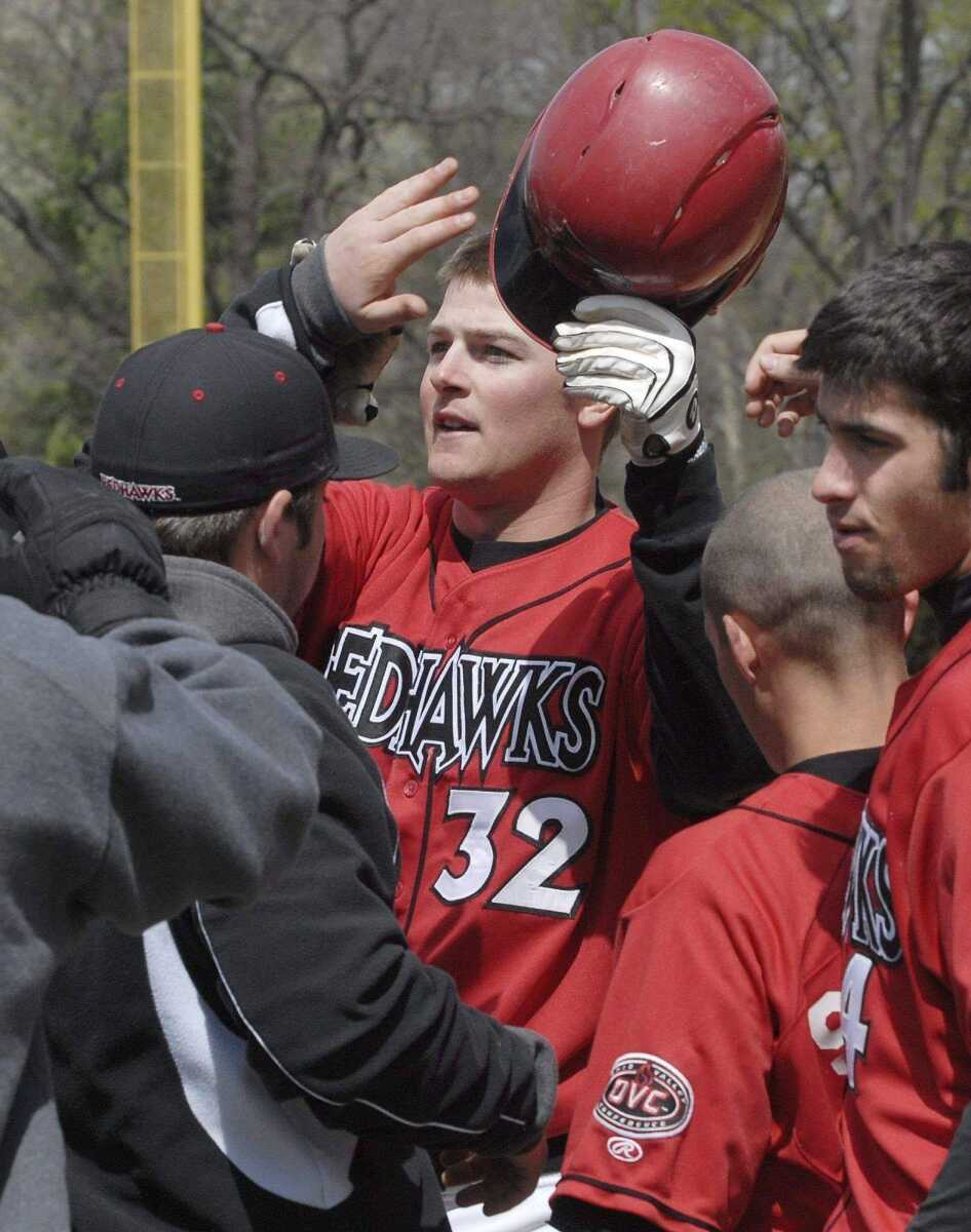 FRED LYNCH ~ flynch@semissourian.com<br>Southeast Missouri State's Matt Wagner is greeted by his teammates after hitting a three-run home run against Tennessee-Martin during the second inning Sunday at Capaha Field.