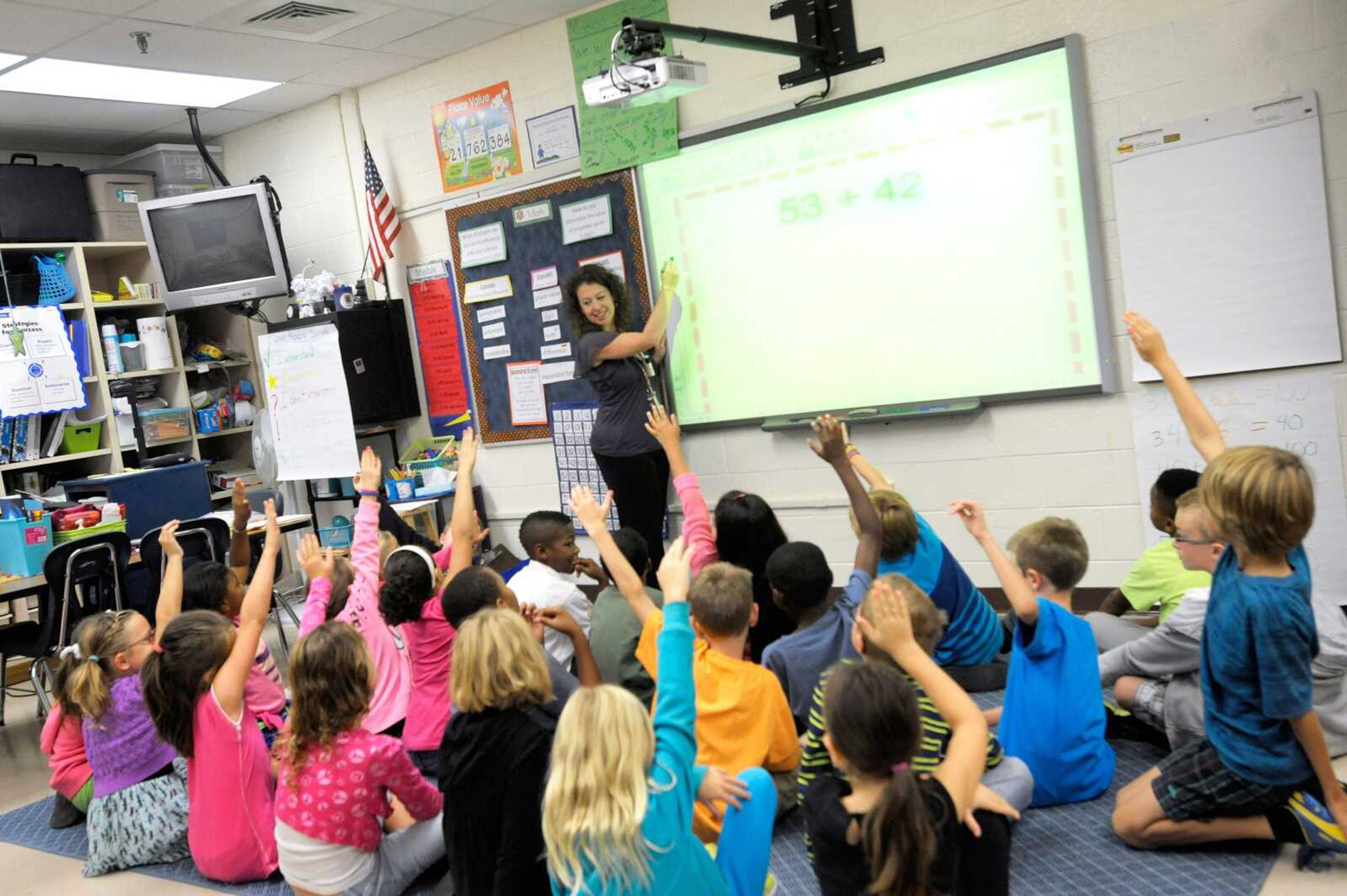 Third-grade teacher Melissa Grieshober teaches a math lesson Oct. 1 at Silver Lake Elementary School in Middletown, Delaware. (Steve Ruark ~ Associated Press file)