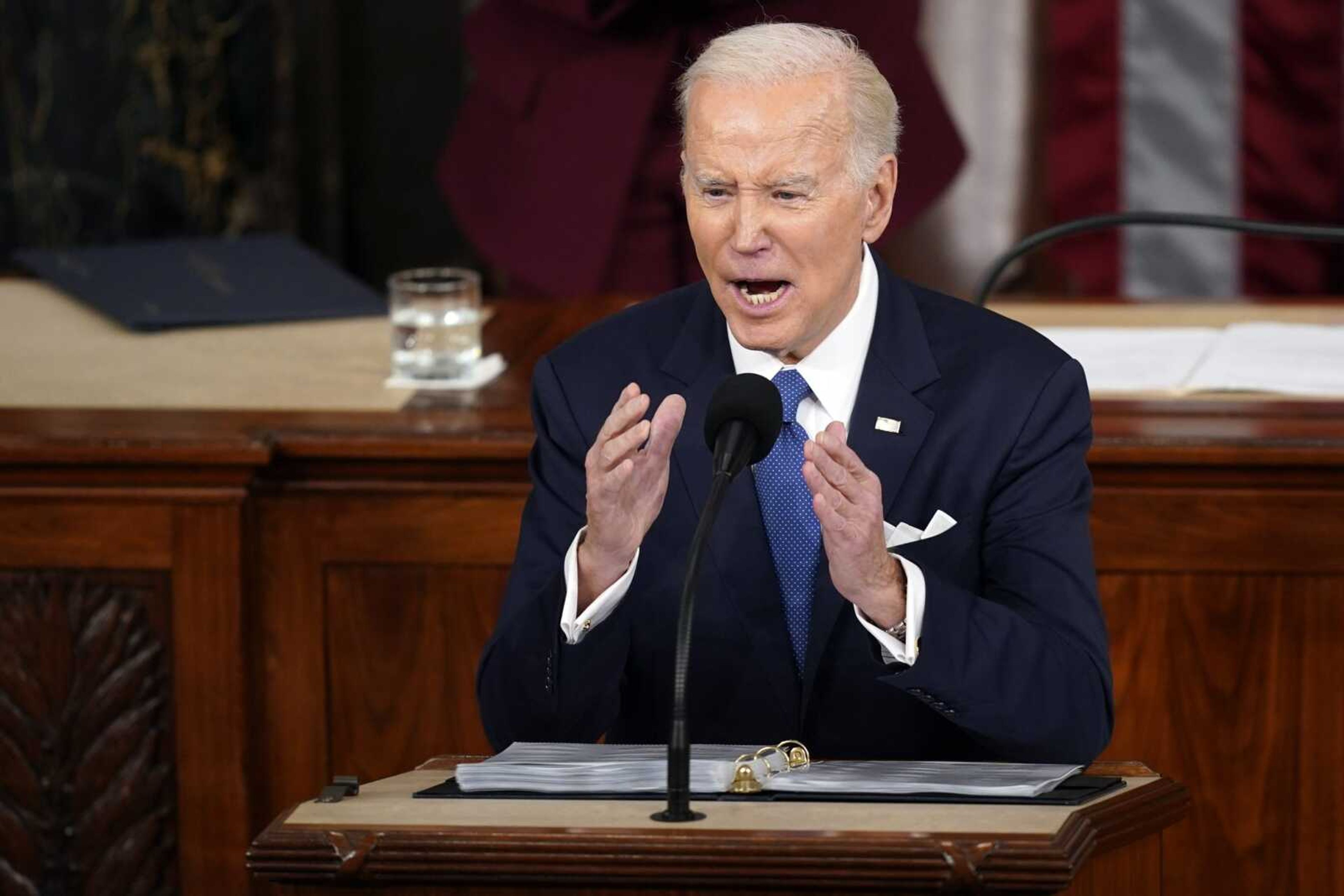 President Joe Biden delivers the State of the Union address to a joint session of Congress on Tuesday at the U.S. Capitol in Washington. Biden has sparked a firestorm after saying in his State of the Union address that the United States will need oil "for at least another decade."