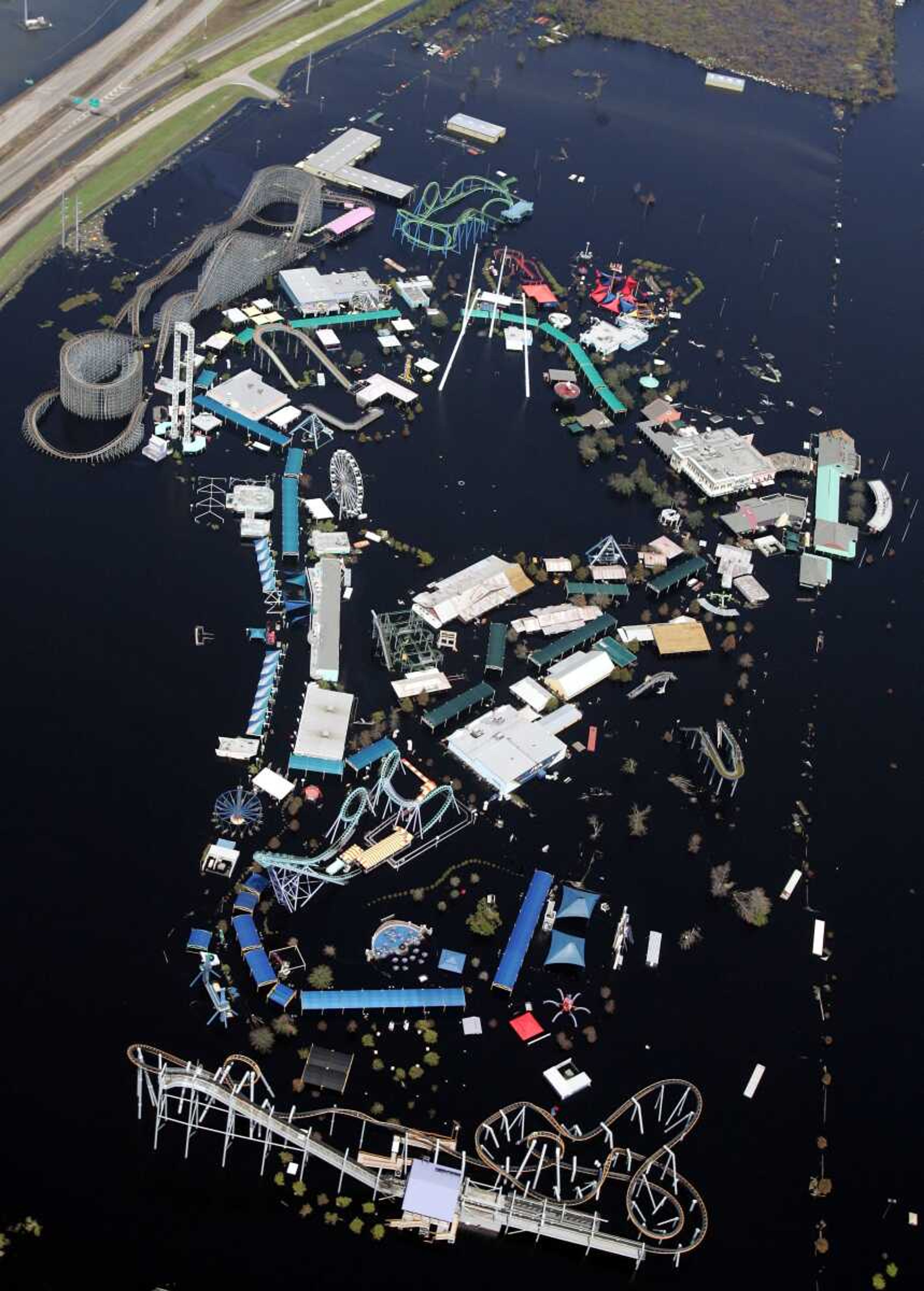 Six Flags Great Adventure Amusement Park is surrounded by floodwaters in the aftermath of Hurricane Katrina on Sept. 11, 2005, in New Orleans. The abandoned New Orleans amusement park, empty since Hurricane Katrina, may finally be torn down.