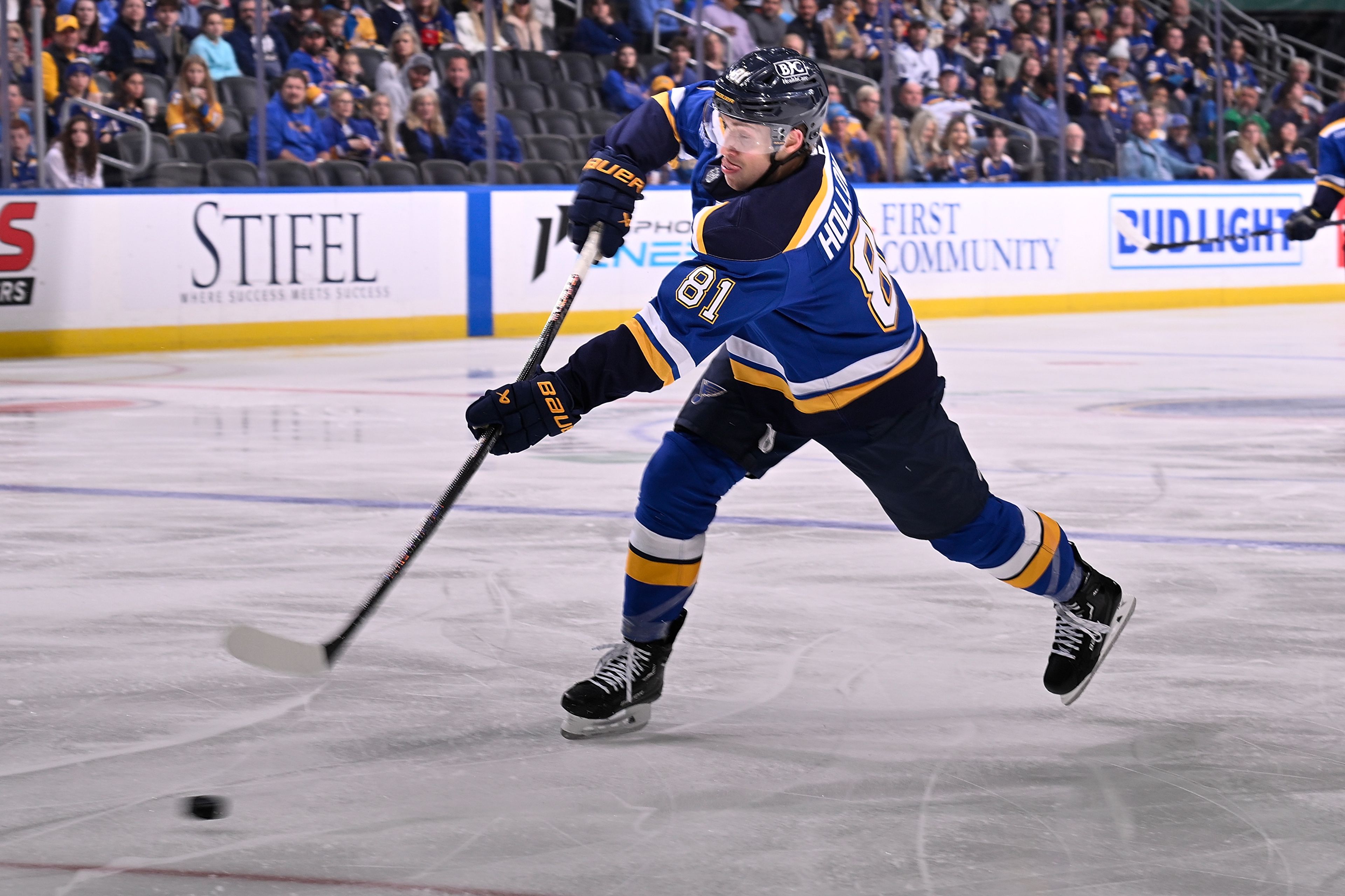 Dylan Holloway of the St. Louis Blues takes a shot against the Tampa Bay Lightning on November 5, 2024 at the Enterprise Center in St. Louis. 