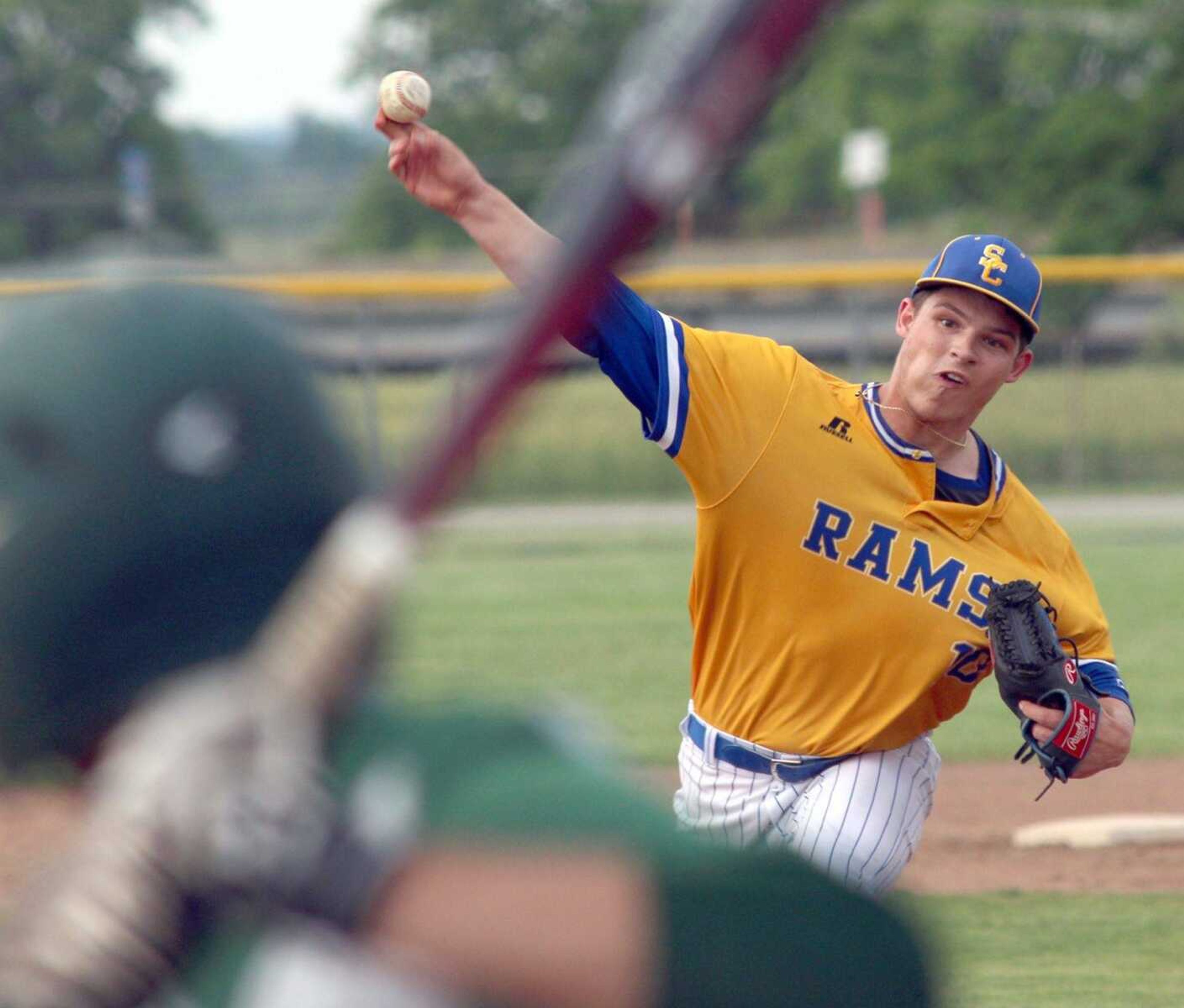 Scott City's Braden Cox delivers a pitch to a New Madrid County Central batter Monday, May 23, 2016, during a Class 3 sectional baseball game at Scott City High School in Scott City, Mo. (Chris Pobst/Standard Democrat)