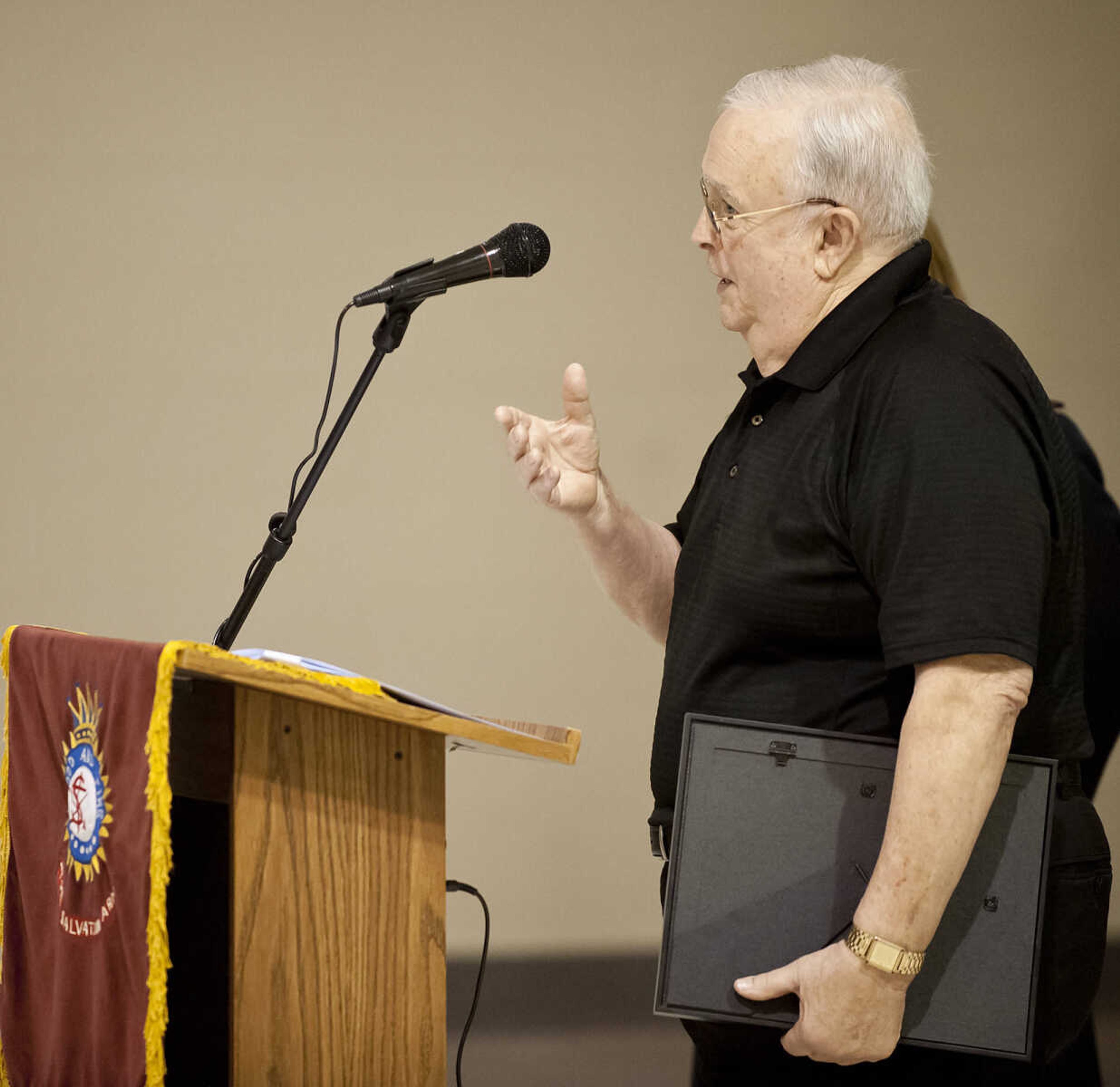 Charles Pruitt speaks after being named Advisor Board Emeritus during the Cape Girardeau Salvation Army's annual dinner, "A Night with the Stars," Thursday, May 8, at the Cape Girardeau Salvation Army.