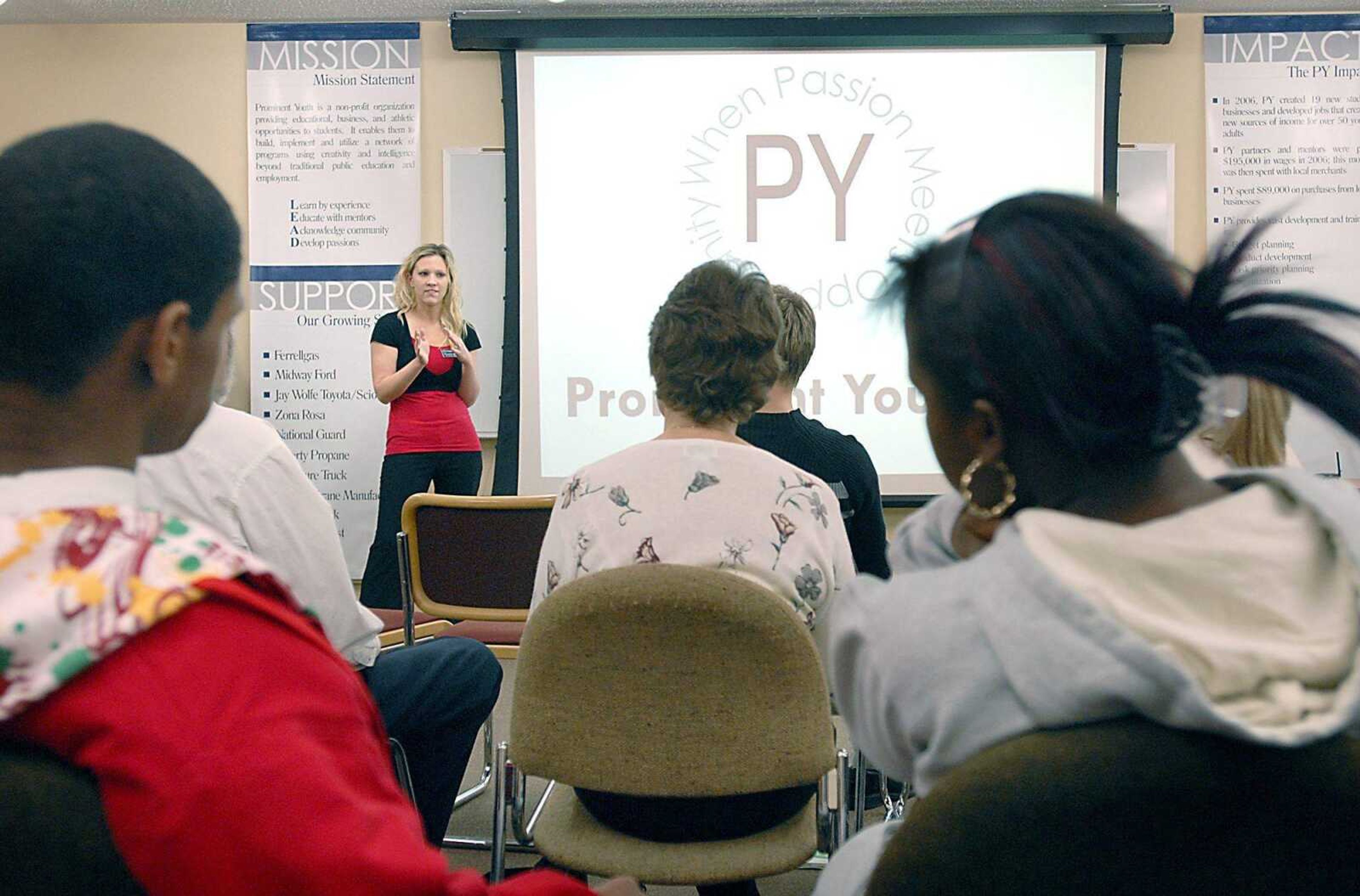 Samantha VanPool, the student vice president of Prominent Youth, addressed a group during the meeting Jan. 10 at the Southeast Innovation Center in Cape Girardeau. (Kit Doyle)