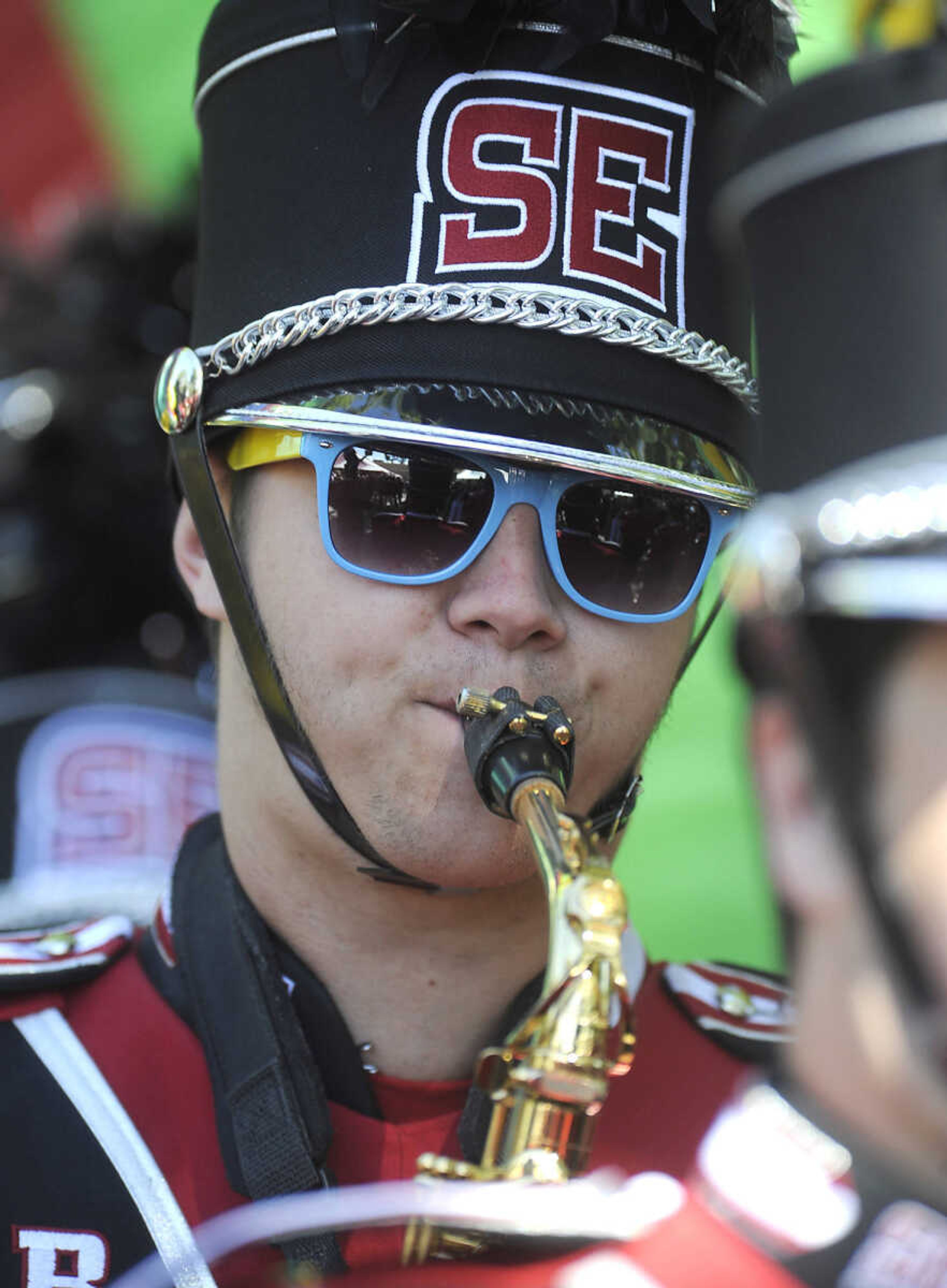 The Golden Eagles Marching Band performs at the homecoming tailgate Saturday, Oct. 4, 2014 at Houck Stadium.