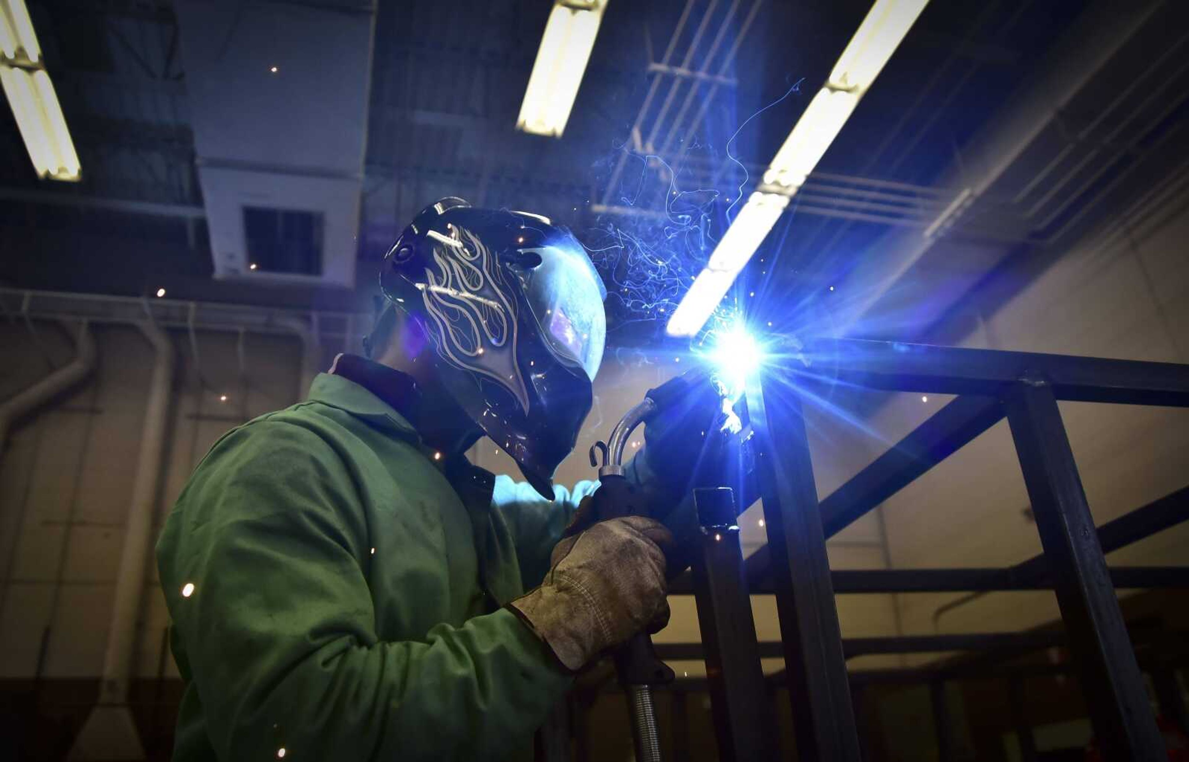 Dayton Gibson, 18, welds together metal to be built for a deer blind capable for hunters with disabilities Tuesday, Oct. 25, 2016 at the Career and Technology Center in Cape Girardeau.