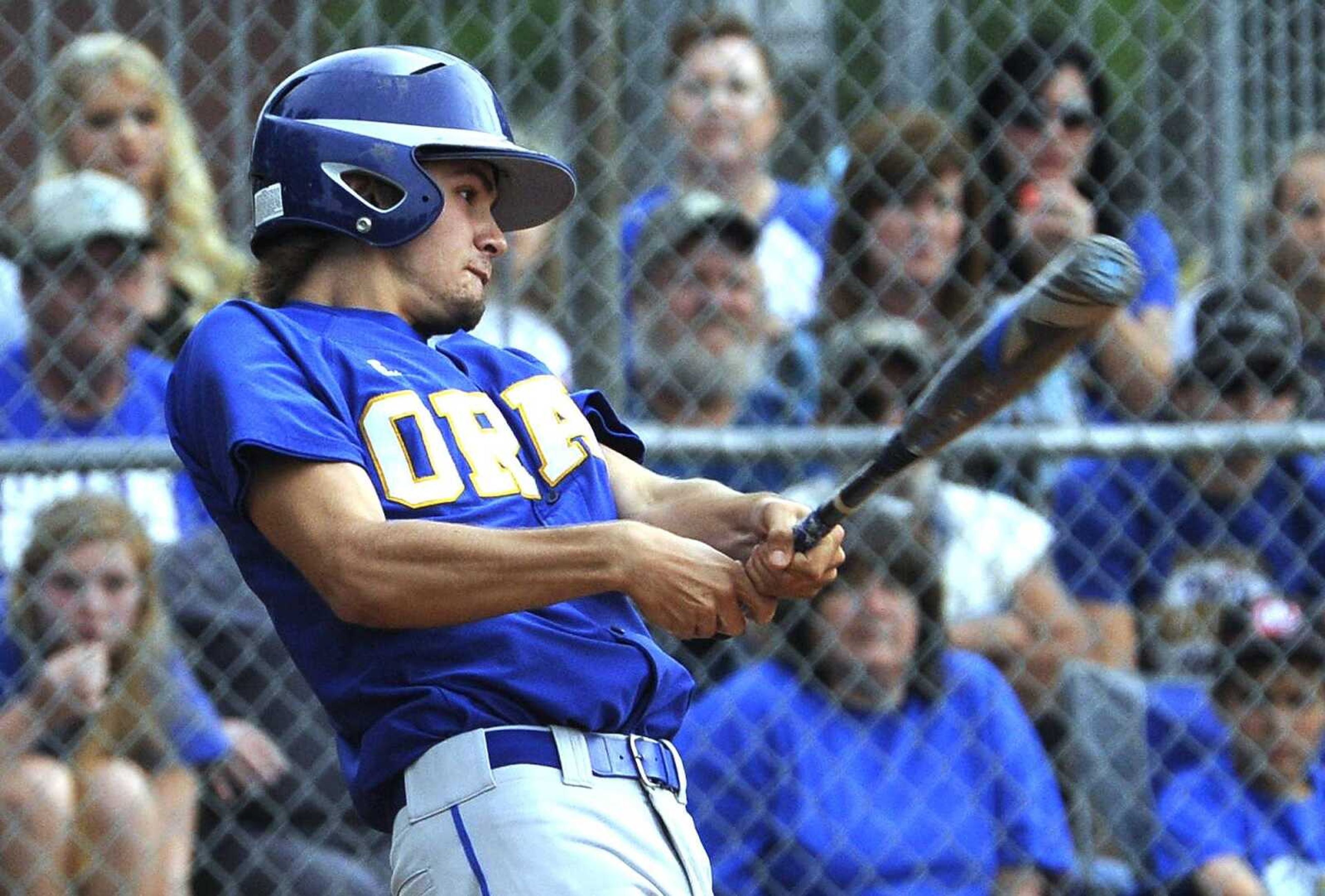 Oran's Layne Johnson singles against Bell City during the seventh inning of the Class 1 District 2 championship game Thursday, May 19, 2016 in Advance, Missouri.