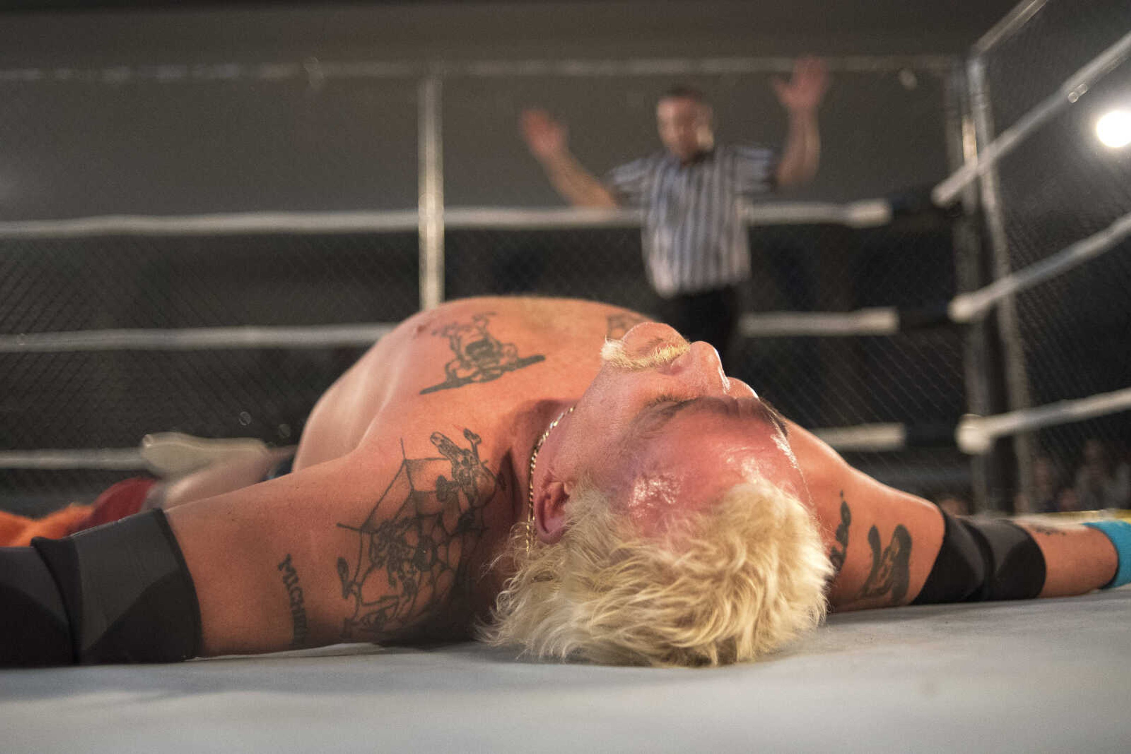 Sexy Sarge O'Riley is down during the Cape Championship Wrestling match Saturday, Jan. 28, 2017 at the Arena Building in Cape Girardeau.