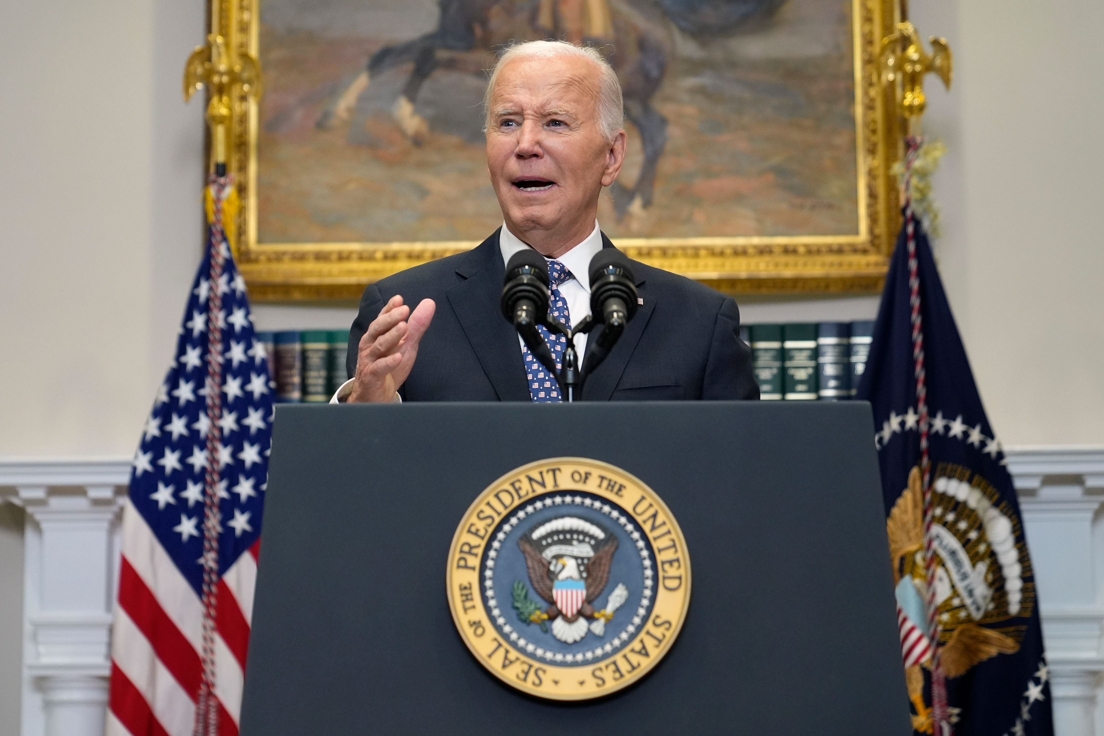 President Joe Biden speaks about the federal response efforts for Hurricane Helene, from the Roosevelt Room at the White House in Washington, Monday, Sept. 30, 2024. (AP Photo/Susan Walsh)