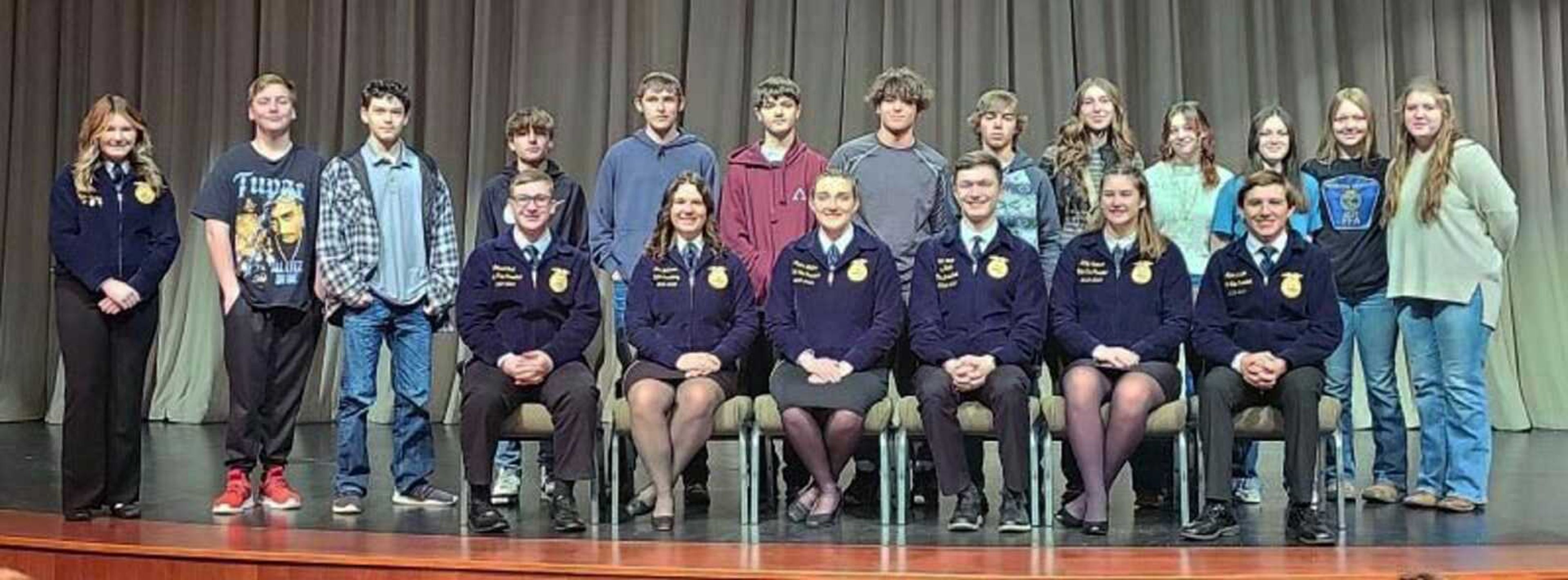 Among the state FFA officers in charge of conducting conferences (front row, from left) are Gabriel Todd, Norwood FFA, vice president; Jodi Robinson, Richmond FFA, past state secretary; Claire Walker, Chillicothe FFA, vice president; Owen Neely, Lockwood FFA, state first vice president; Kiley Mattson, Stanberry FFA, vice president; and Jaden Kultgen, Mount Vernon FFA, vice president. In back (from left) are Meadow Heights FFA senior Rylee Shelton, Area 15 reporter; and freshmen Kaleb Jones, Gunner Petton, Dillion Davault, Will Calvert, Kaleb Gruenewald, Colton Smith, Eli Pohlman, Kenna Thele, Brandalynn Johnson, Jasmine Ellsworth, Lyla Holzheimer-Stewart and Cassidy Davis.