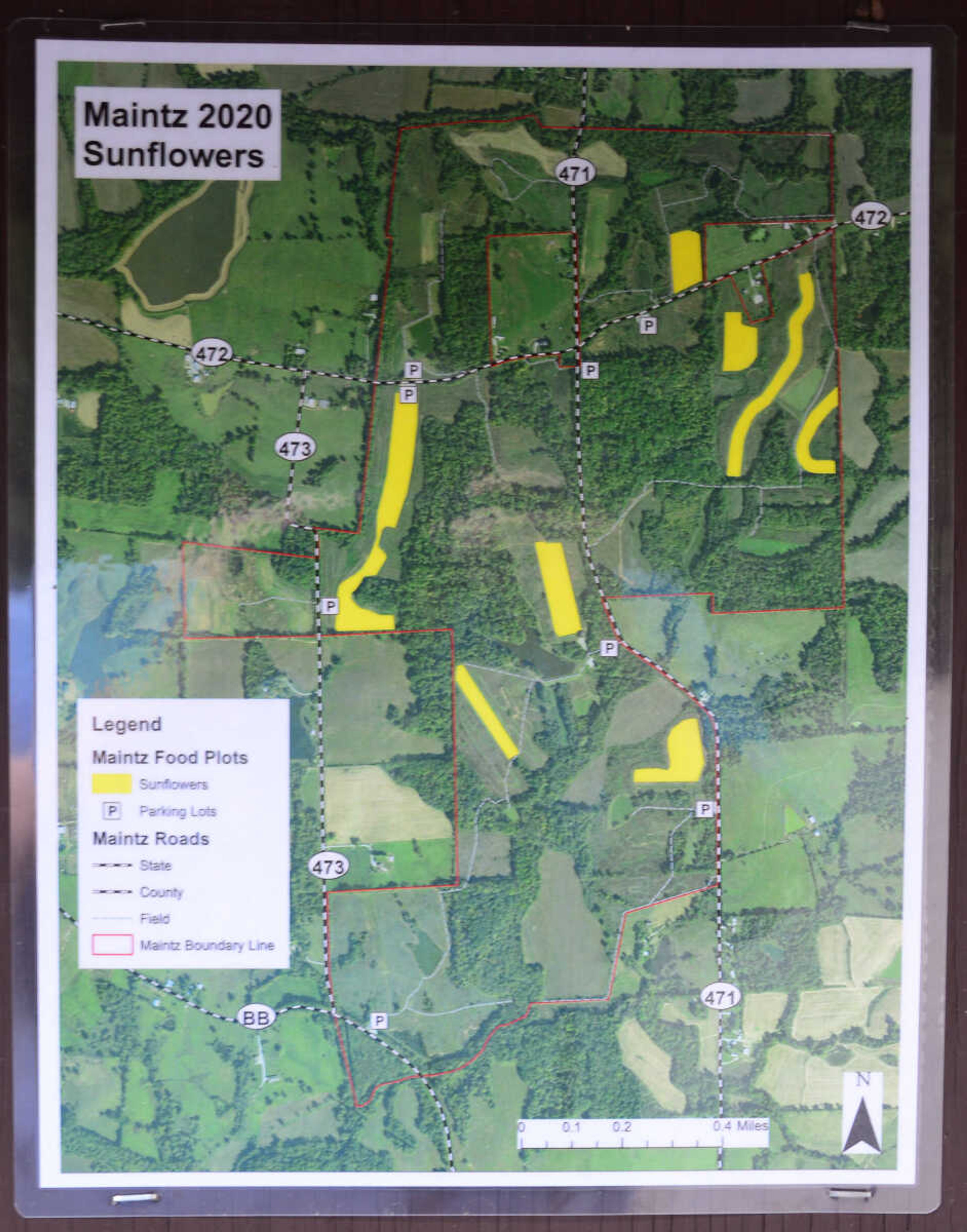 A map posted at a parking area shows the locations where sunflowers were planted this year at&nbsp;Maintz Wildlife Preserve.