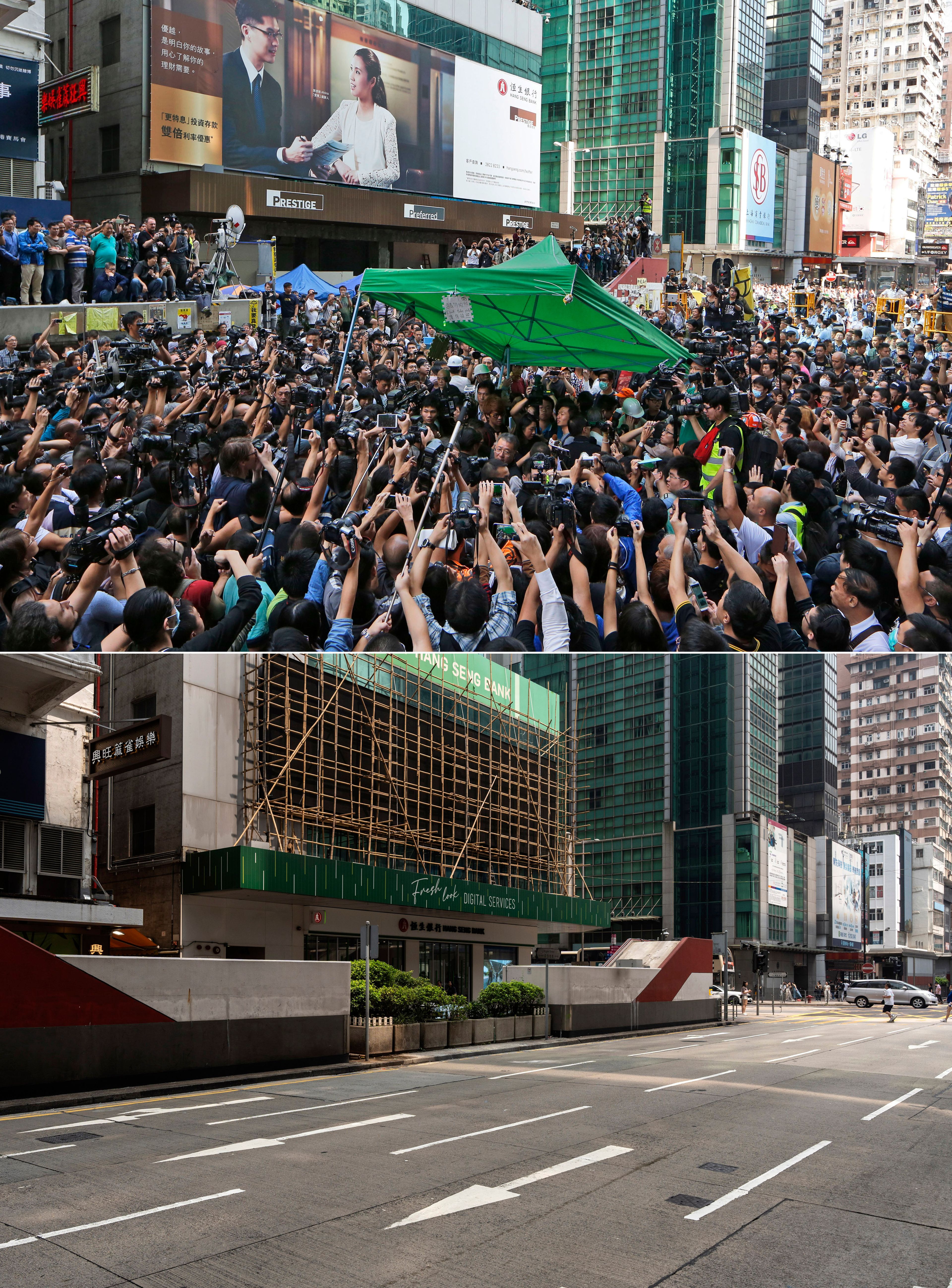 This combination image made from two photos shows workers clearing away a tent and other barricades at an occupied area in Mong Kok district of Hong Kong Tuesday, Nov. 25, 2014, top, and the same area on Saturday, Sept. 28, 2024. (AP Photo/Kin Cheung, Chan Long Hei)