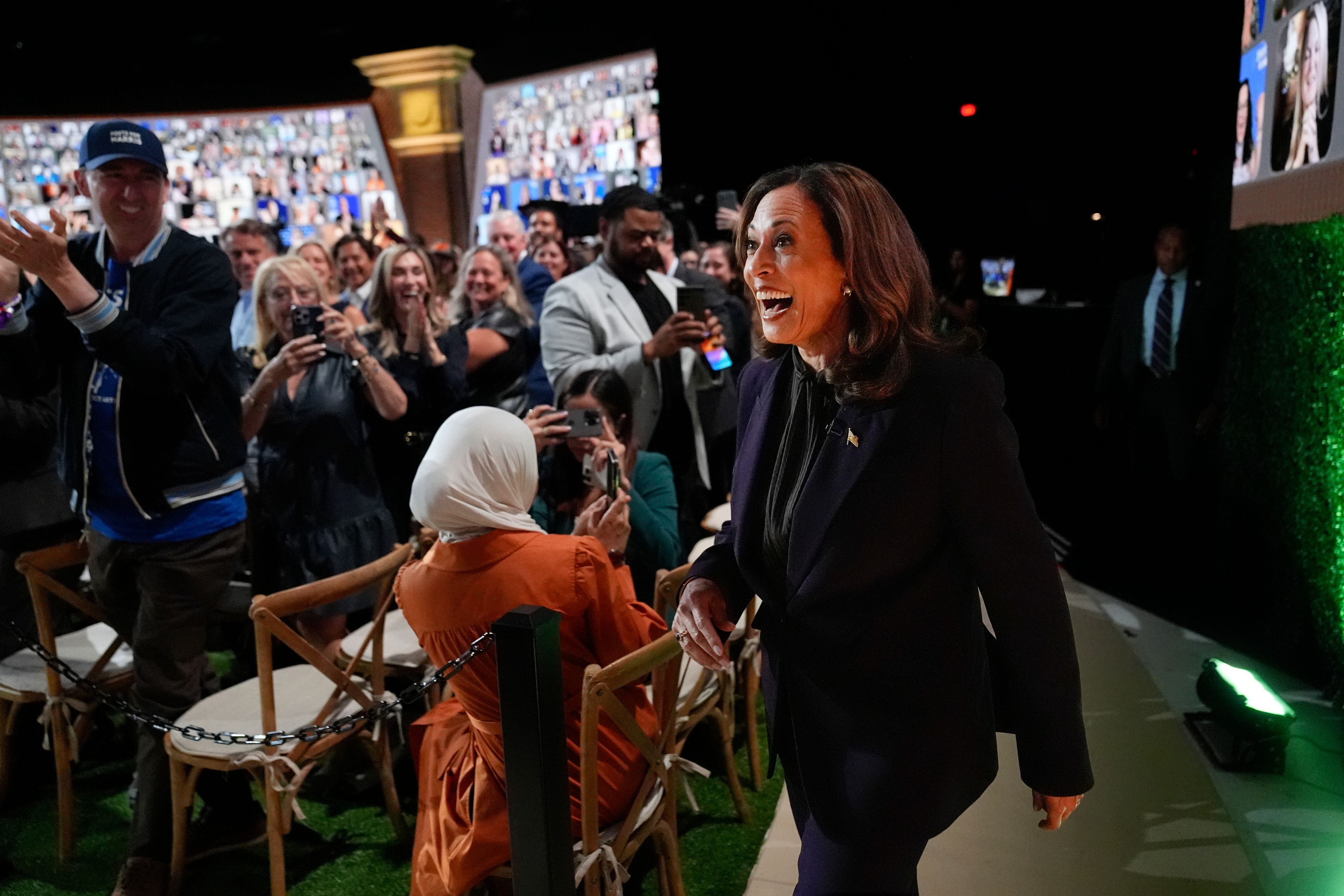 Democratic presidential nominee Vice President Kamala Harris arrives to join Oprah Winfrey at Oprah's Unite for America Live Streaming event Thursday, Sept. 19, 2024 in Farmington Hills, Mich. (AP Photo/Paul Sancya)