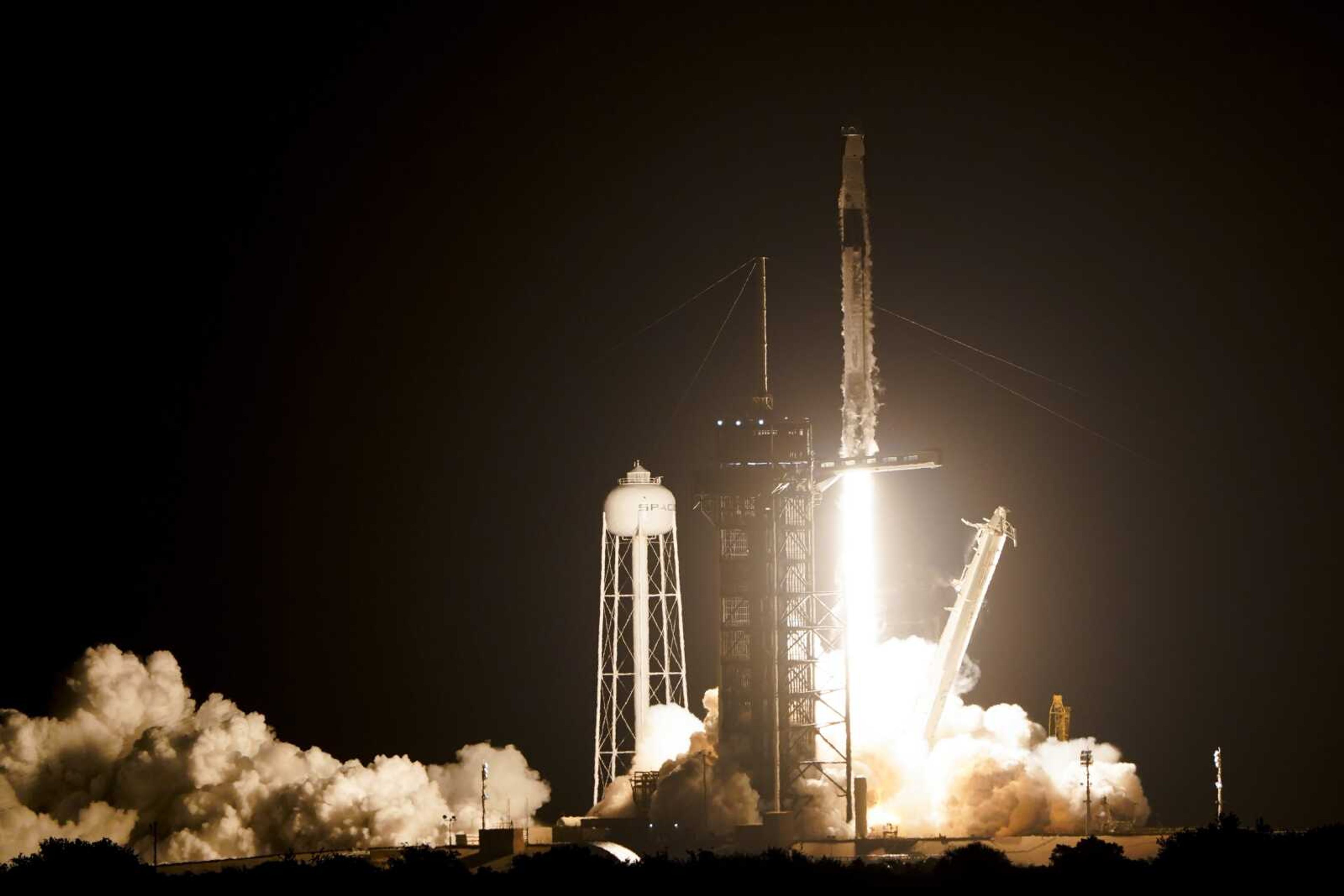 A SpaceX Falcon 9 rocket lifts off Wednesday from pad 39A at the Kennedy Space Center in Cape Canaveral, Florida. NASA astronauts Kjell Lindgren, Robert Hines and Jessica Watkins, and European Space Agency astronaut Samantha Cristoforetti on the Crew Dragon spacecraft begin a six-month expedition on the International Space Station.