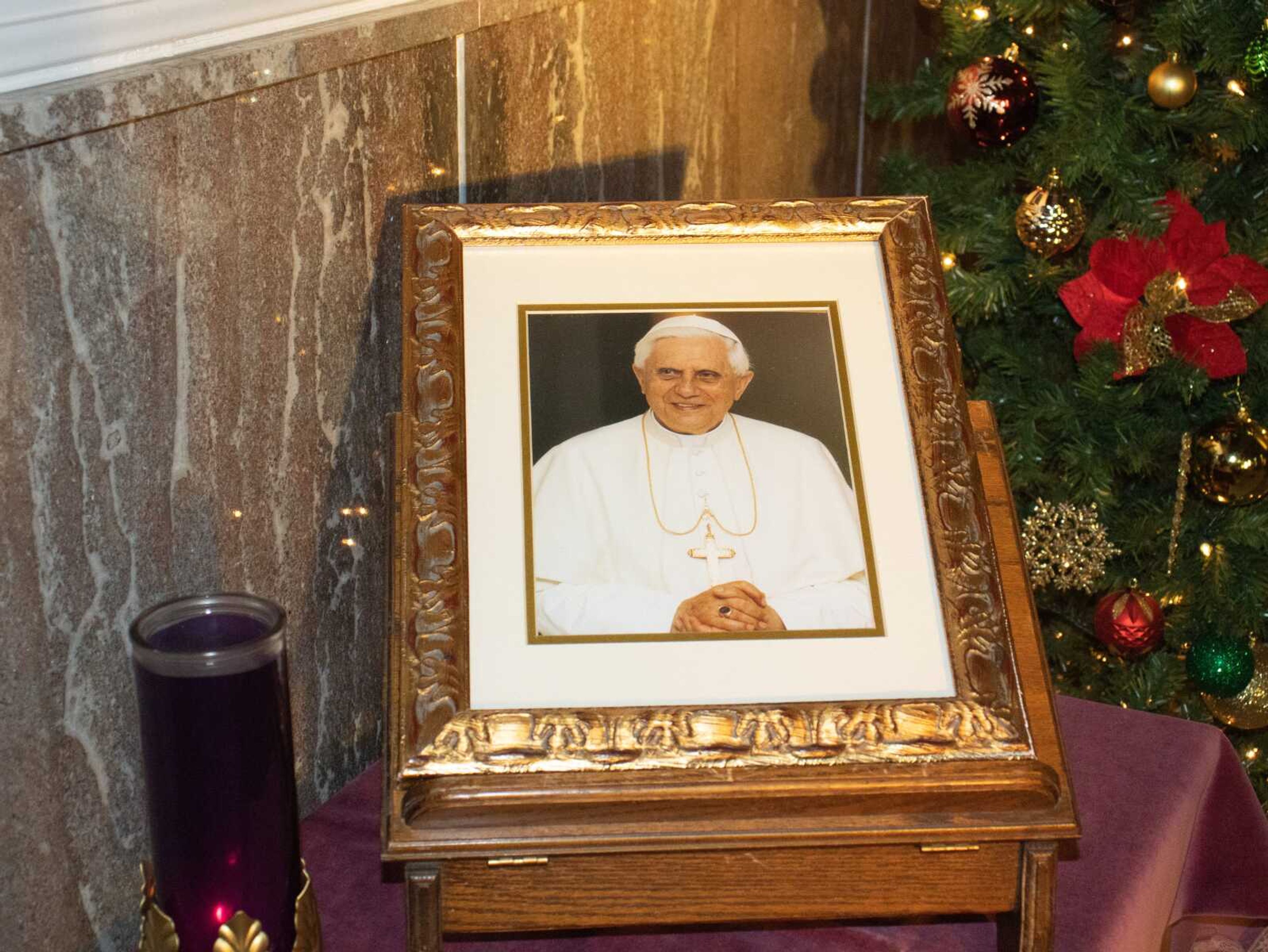 A photo in remembrance of Pope Emeritus Benedict XVI on Wednesday, Jan. 4, in the halls of St. Mary of the Annunciation Cathedral in Cape Girardeau. St. Mary's Cathedral will hold a memorial service remembering Benedict at 6:30 p.m. Friday.