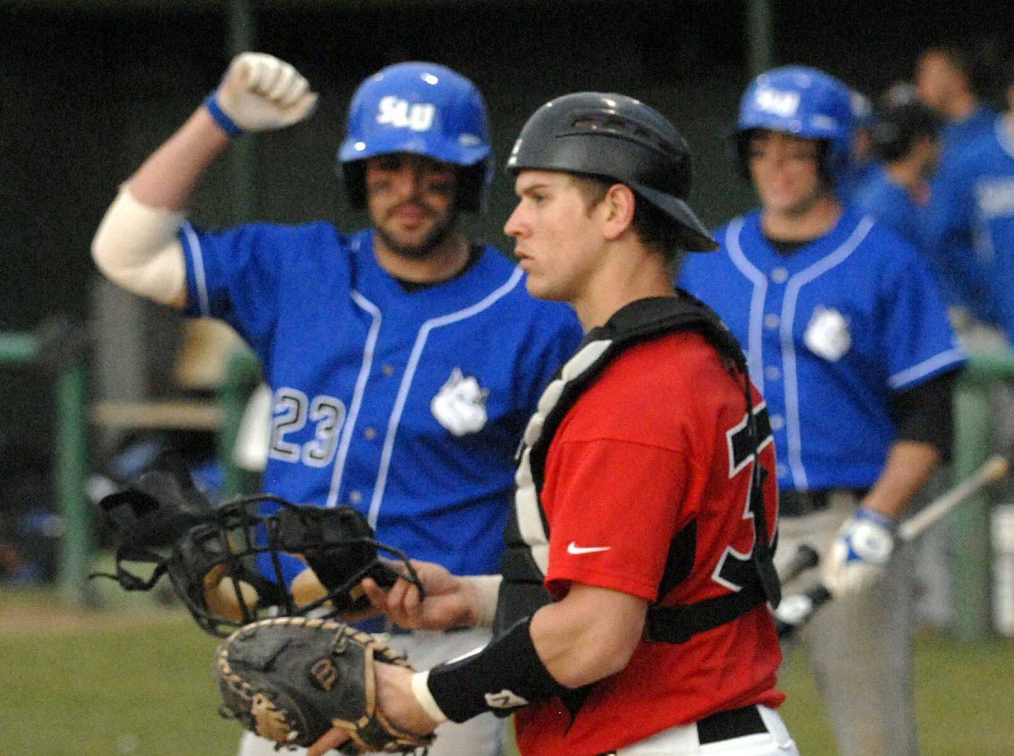 Southeast Missouri State catcher Shane Blair reacts as Saint Louis University players celebrate a home run during the fourth inning Tuesday at Capaha Field. (Laura Simon)