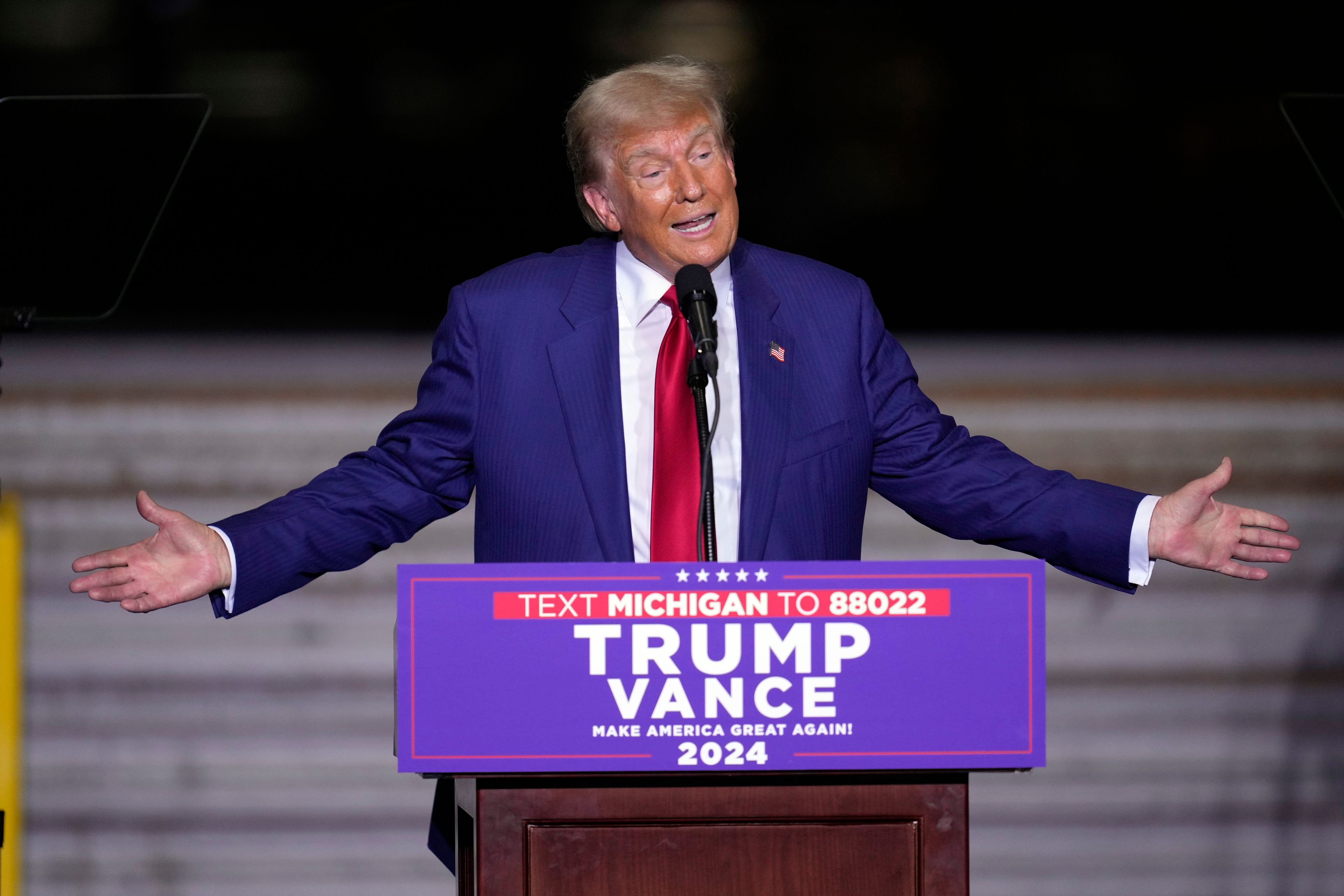 Republican presidential nominee former President Donald Trump speaks during a campaign event at Alro Steel, Thursday, Aug. 29, 2024, in Potterville, Mich. (AP Photo/Paul Sancya)