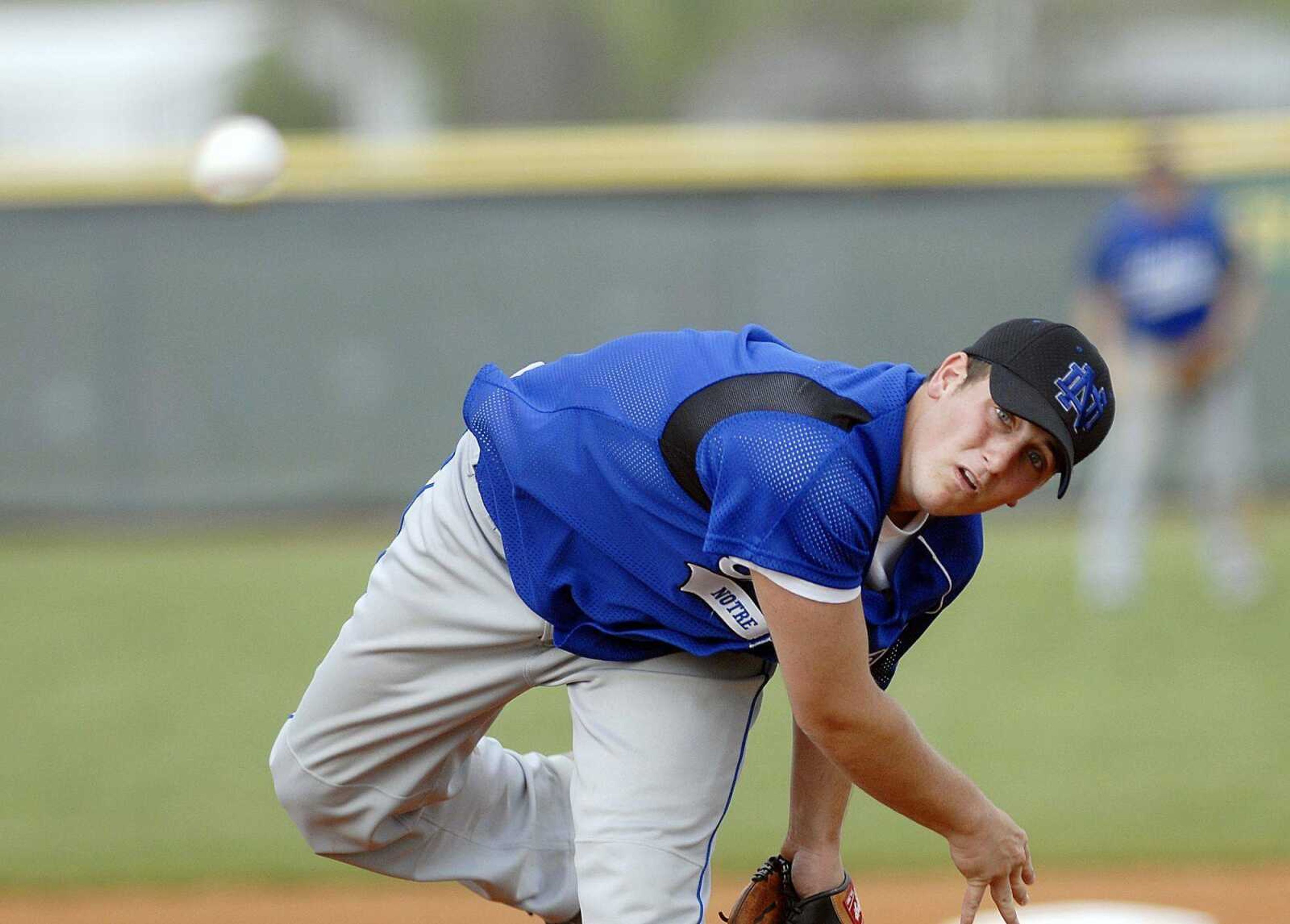 Notre Dame pitcher Dylan Drury makes a pitch in the second inning against Kelly April 23 at Notre Dame. (Elizabeth Dodd)