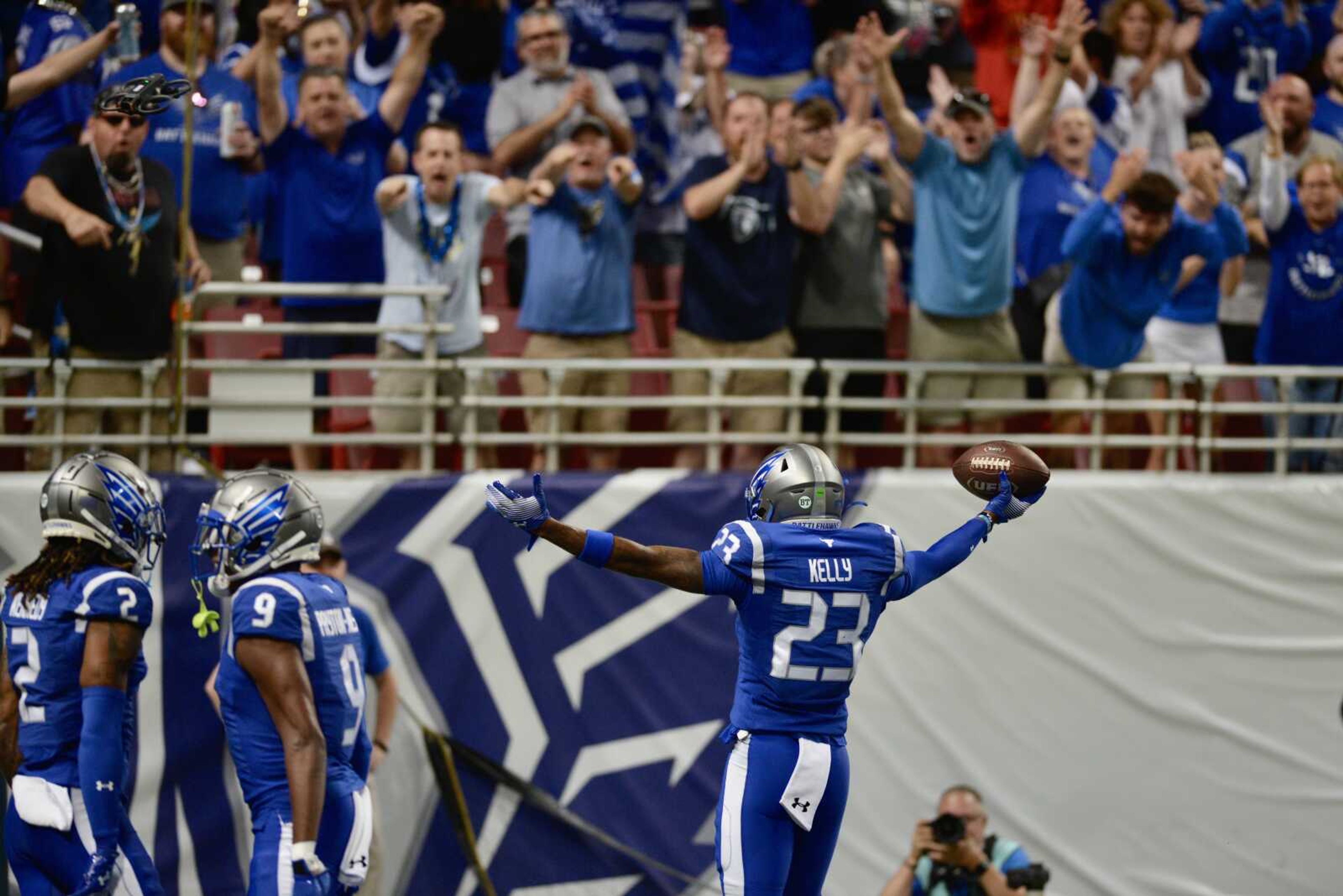 St. Louis Battlehawks defensive bask Kameron Kelly celebrates an interceptions with the fans during a game against the San Antonio Brahmas on Saturday, June 1, in St. Louis.