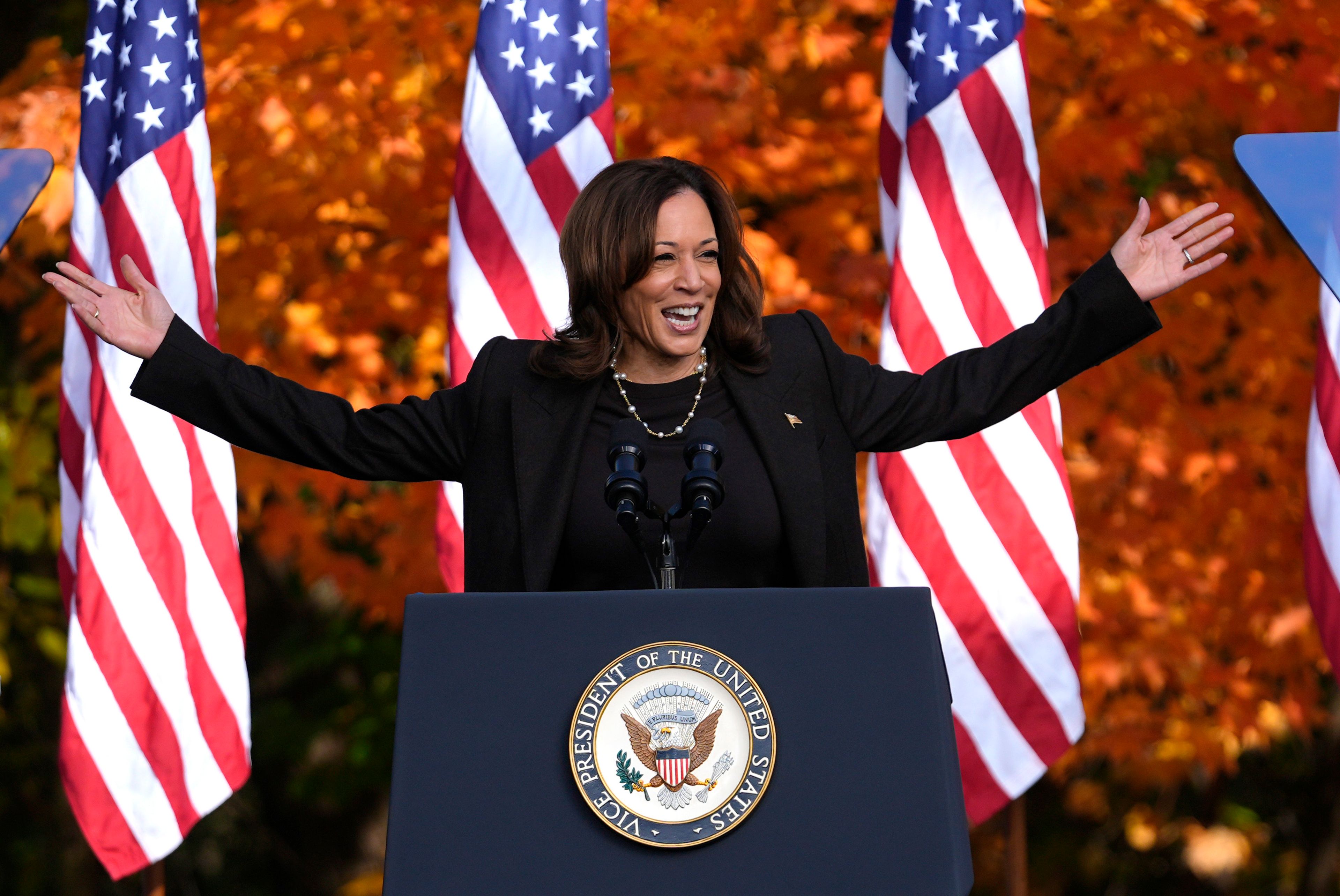 Democratic presidential nominee Vice President Kamala Harris speaks at a campaign rally in Riverside Park, Friday, Oct. 18, 2024, in Grand Rapids, Mich. (AP Photo/Paul Sancya)