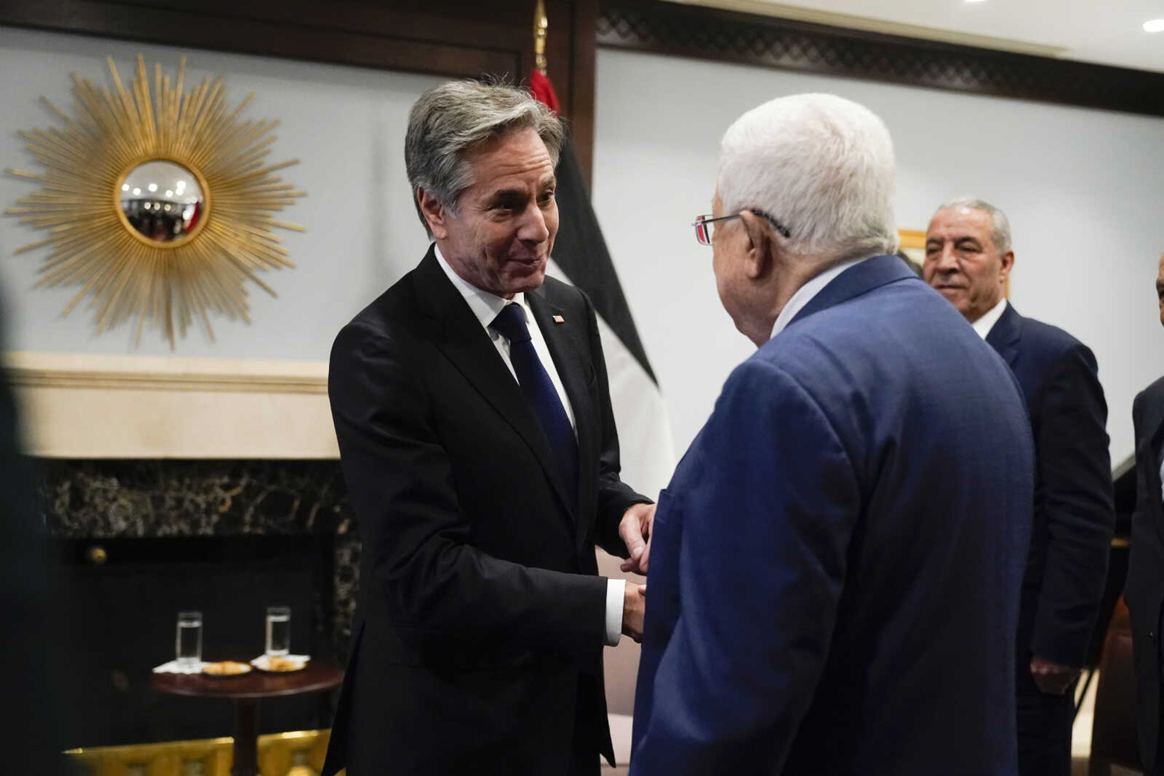 U.S. Secretary of State Antony Blinken meets with Palestinian President Mahmoud Abbas, in Amman, Jordan, Tuesday Oct. 17, 2023. (AP Photo/Jacquelyn Martin, Pool)