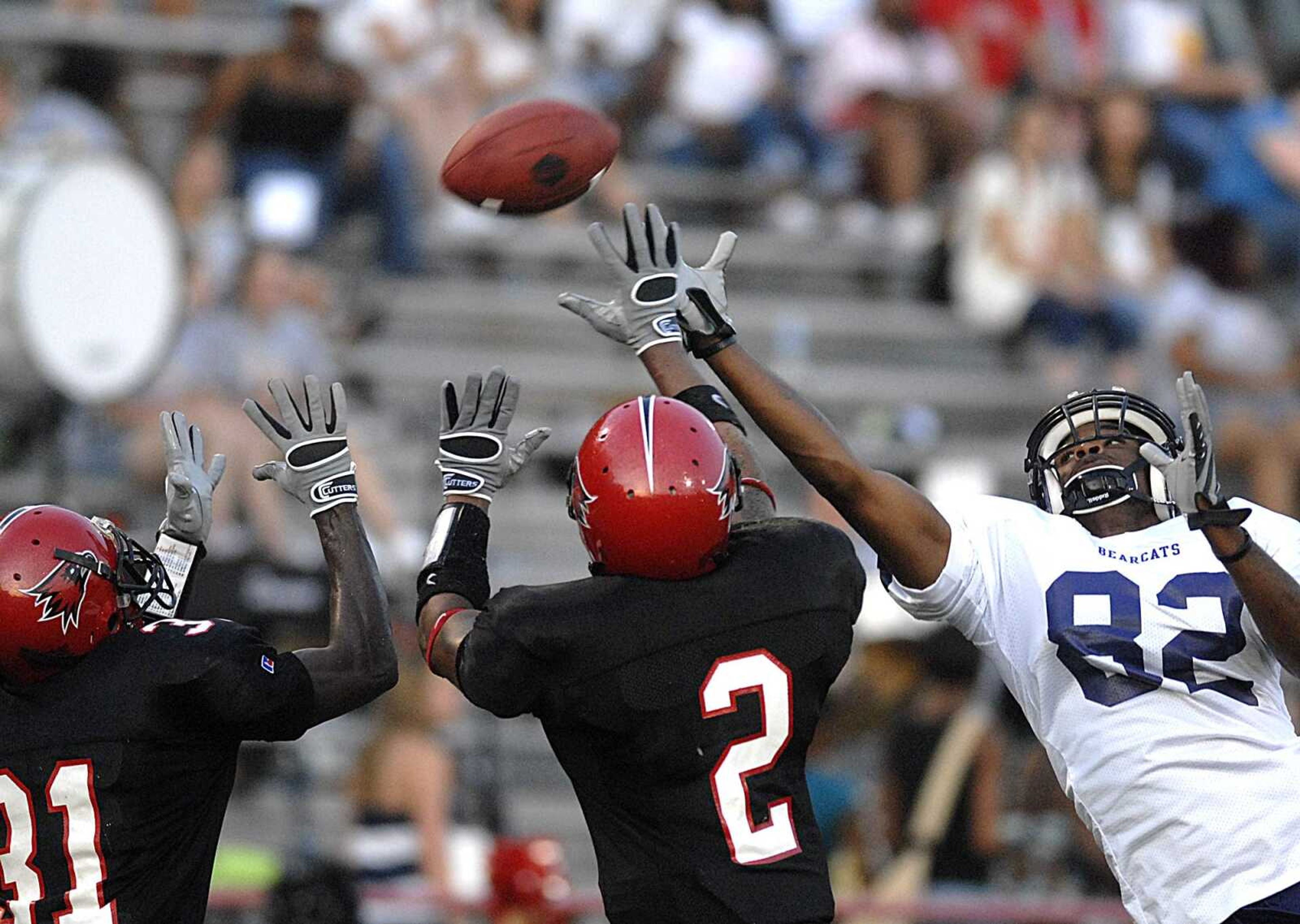 AARON EISEHAUER ~ aeisenhauer@semissourian.com
A pass intended for Southwest Baptist's Thaddeus Sanders falls into the hands of Southeast's Eddie Calvin for an interception.