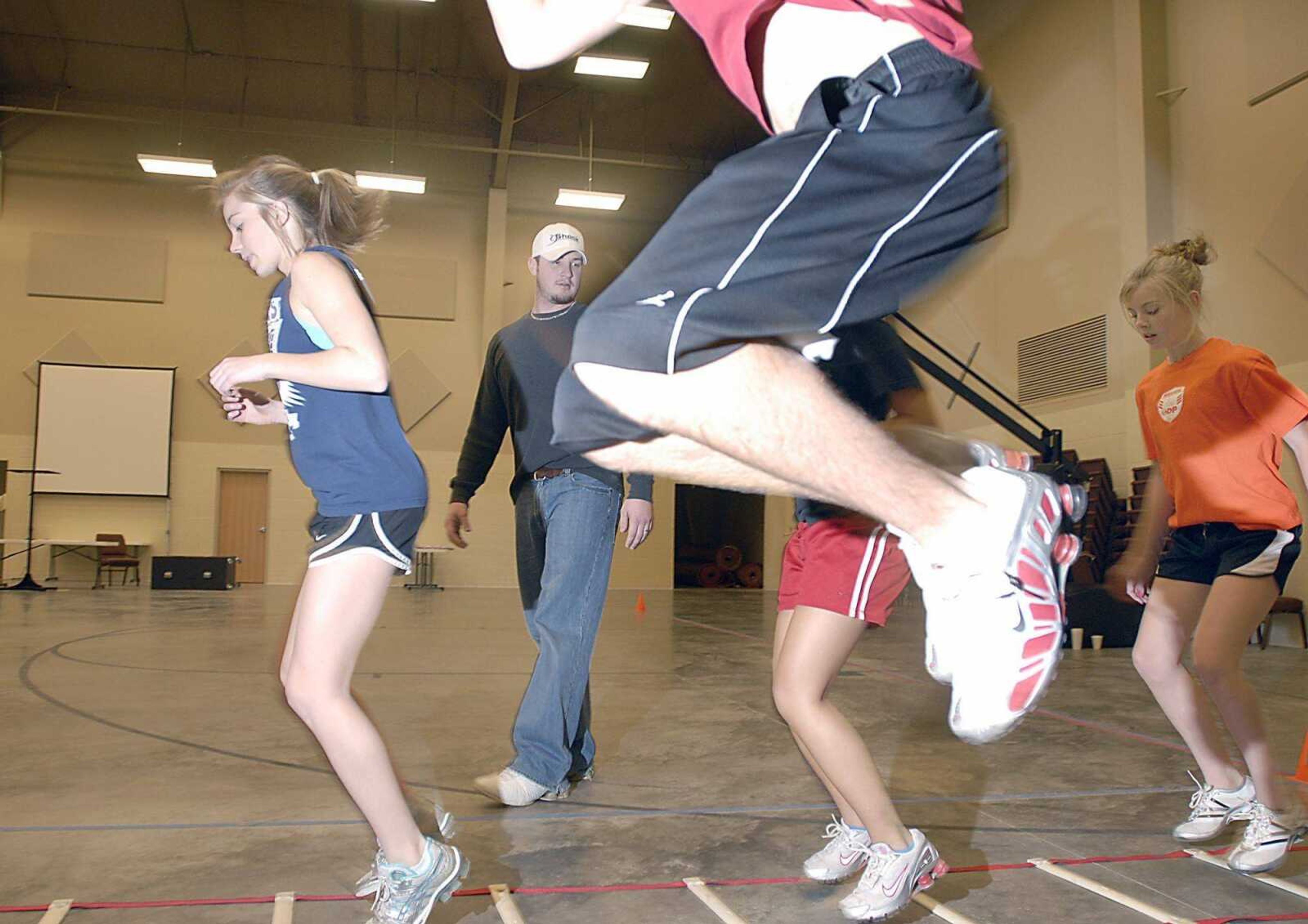 Ray Goodson, rear, led a session of  Shock Performance Enhancement class at Crossroads Baptist Church in Jackson. It is a training program for area teenage athletes.