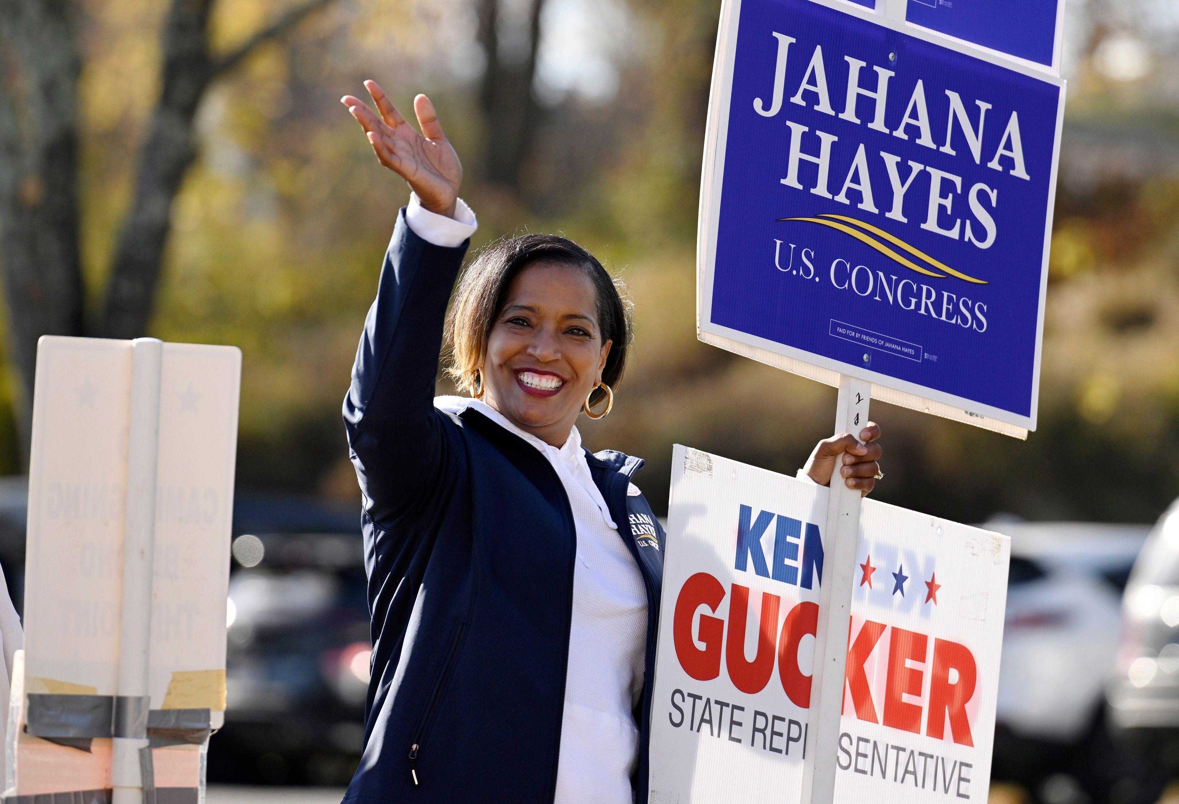 U.S. Rep. Jahana Hayes, D-Conn., waves to voters on Election Day, Tuesday, Nov. 5, 2024, in Danbury, Conn. (Jessica Hill/Hartford Courant via AP)