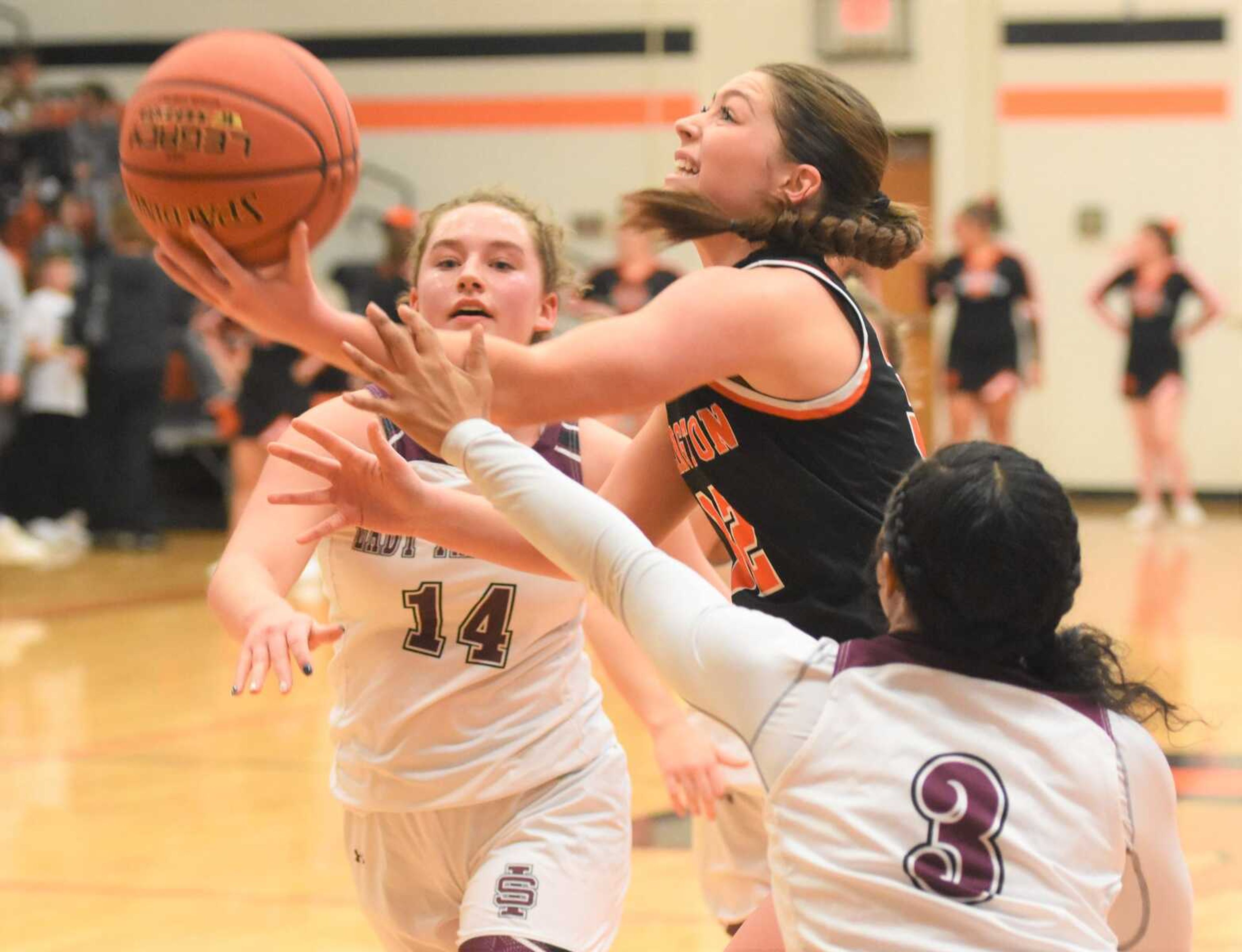 Ellington's Kaylee King, 32 shooting, was attacked all night by multiple South Iron defenders as she and the Lady Whippets fell in the BRL final to the Lady Panthers Saturday night.