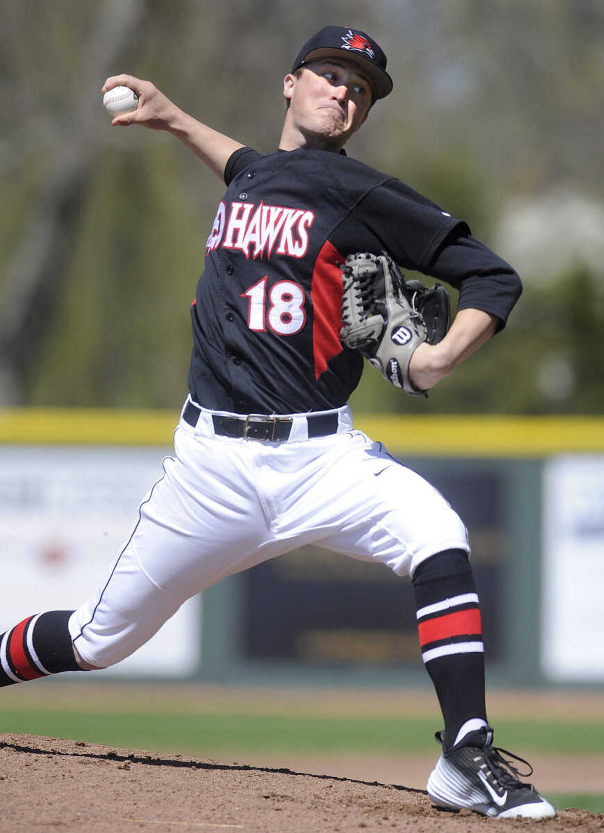 Southeast Missouri State starter Travis Hayes pitches to an Austin Peay batter during the first inning Saturday, April 4, 2015 at Capaha Field. (Fred Lynch)