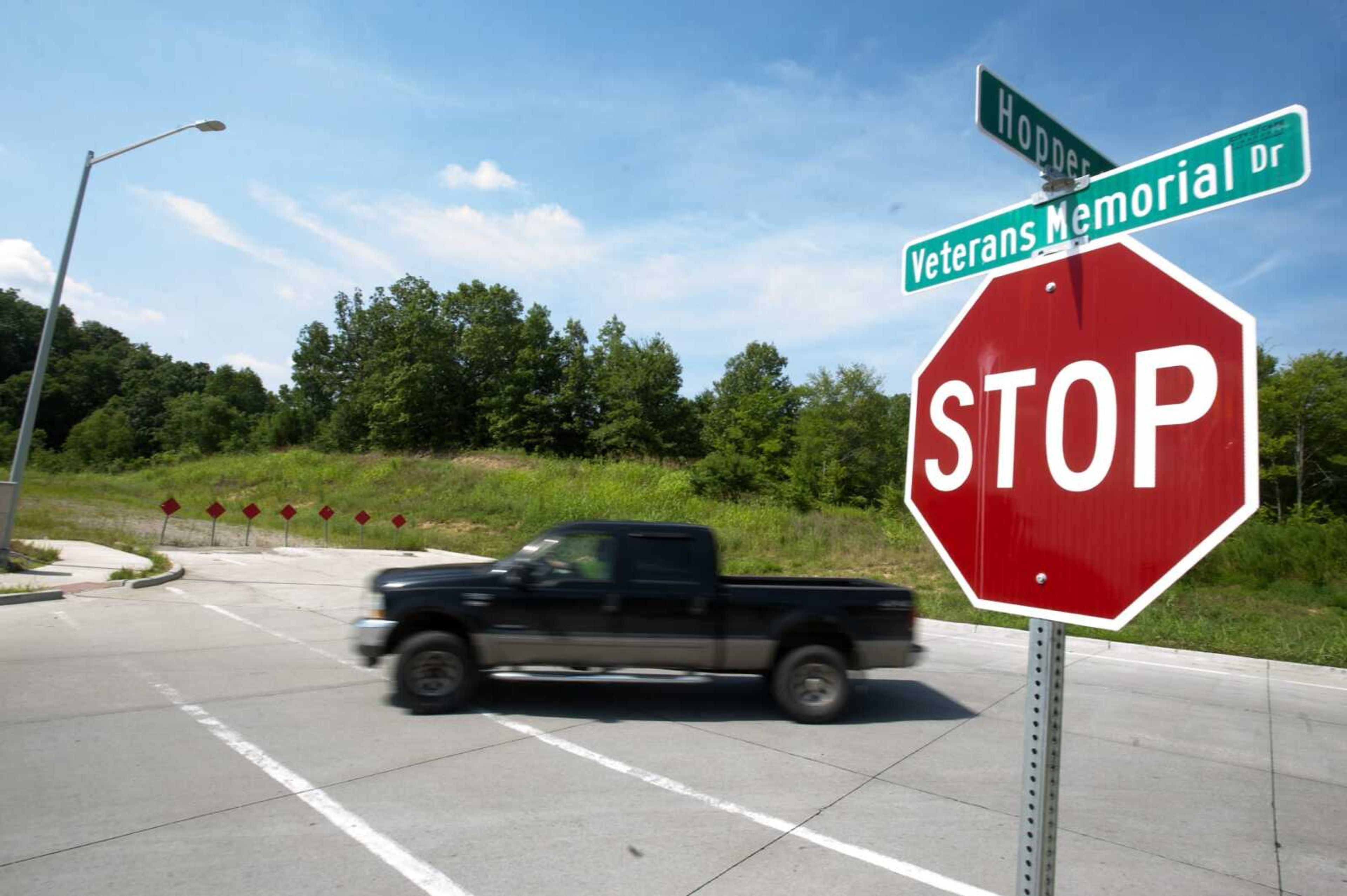 A truck turns onto Hopper Road coming from Veterans Memorial Drive on July 8 in Cape Girardeau.