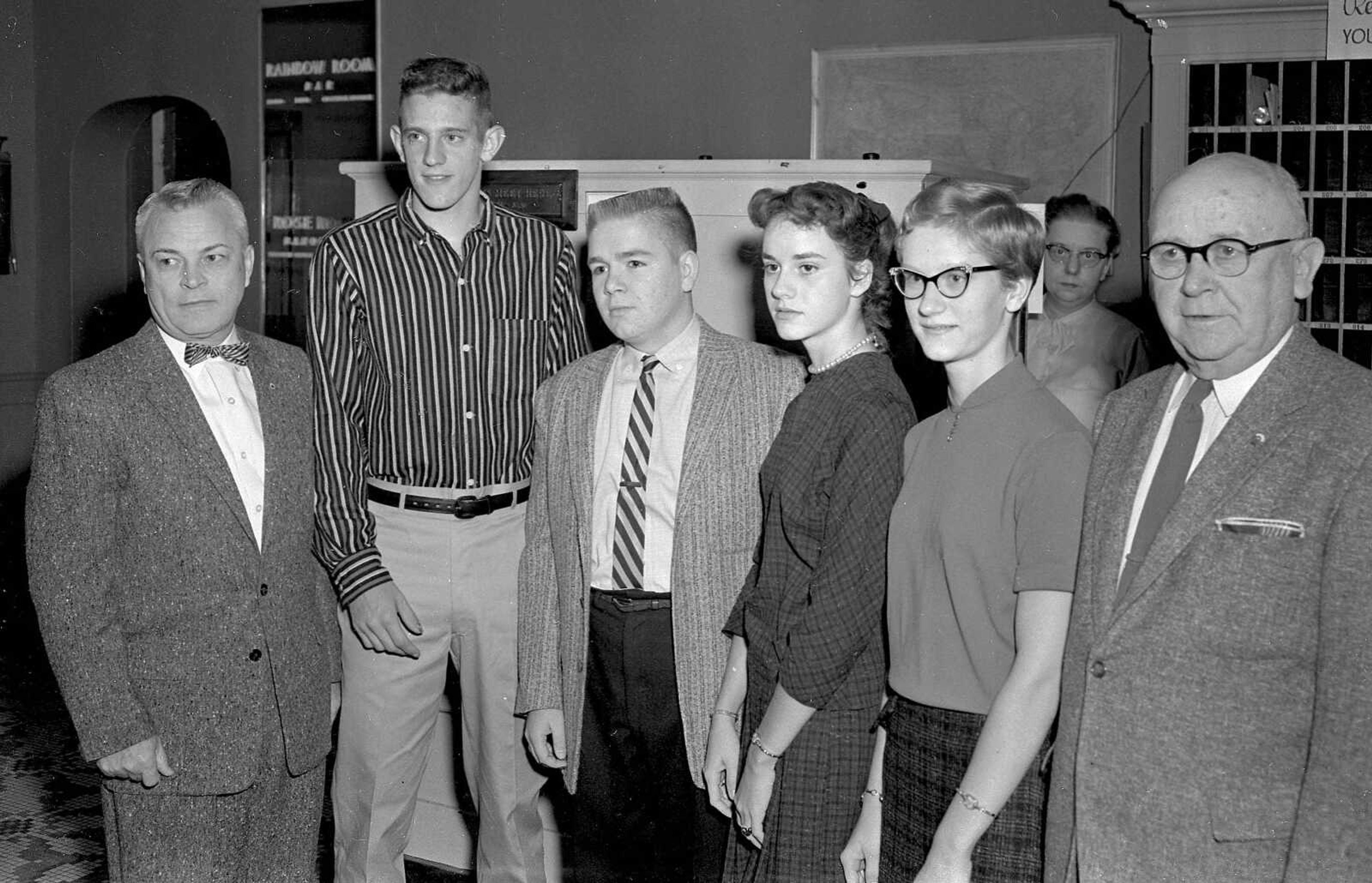 Nov. 5, 1957 Southeast Missourian.
Presidents of the student councils of the three local high schools and the one at Jackson were guests of the Breakfast Optimist Club Monday as a feature of the observance of Youth Appreciation Week. In the photo, from the left, are Prof. H.O. Grauel, chairman of the Breakfast Club for the project; Gary Evans, Catholic High; Kenneth Lipps, Central High; Barbara Heisler, College High; Joan Lorberg, Jackson High, and Prof. L.H. Strunk, general chairman for the observance. (G.D. Fronabarger/Southeast Missourian archive)