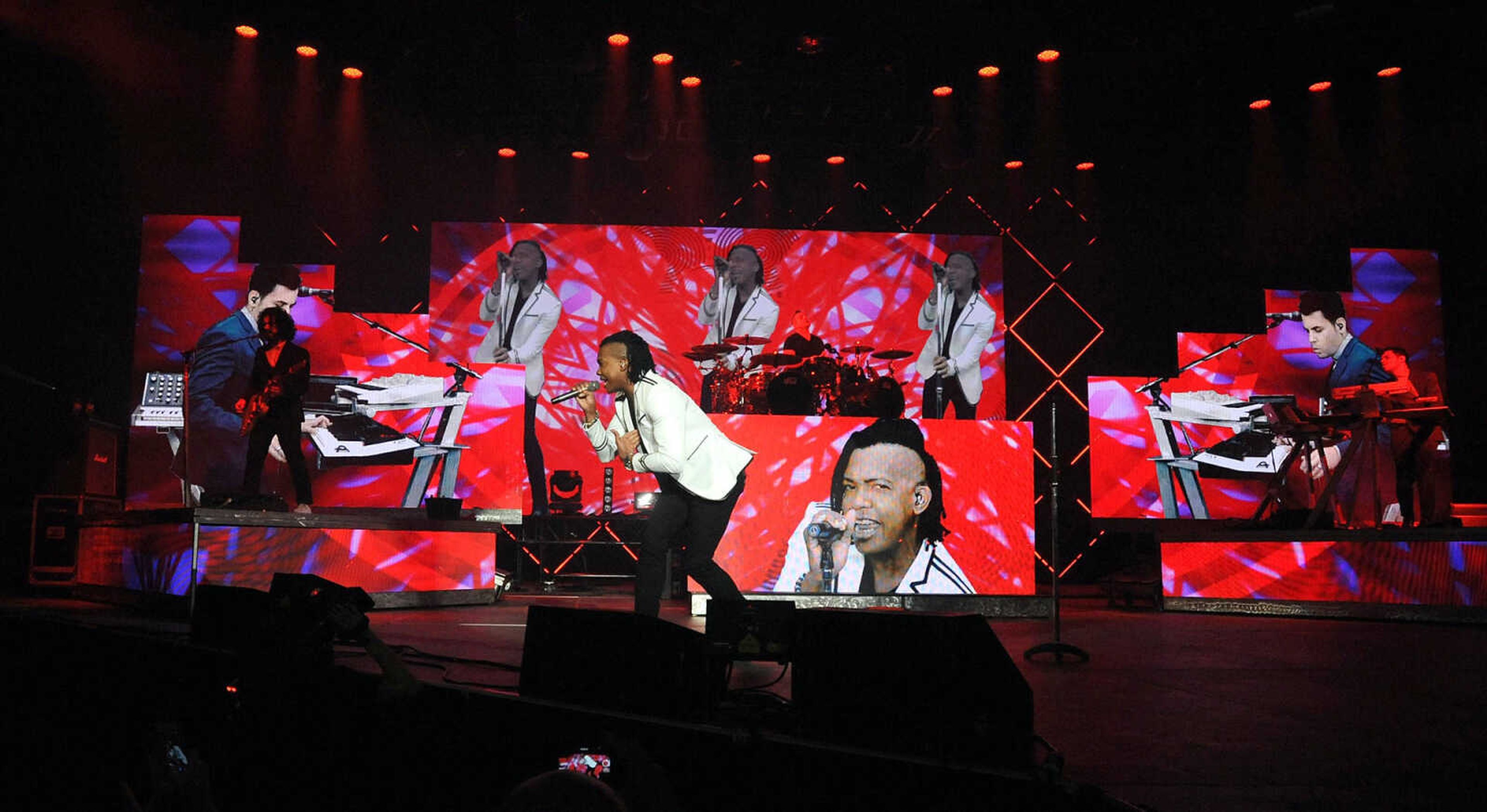 FRED LYNCH ~ flynch@semissourian.com
Newsboys with lead vocalist Michael Tait perform during the Rock & Worship Roadshow on Saturday night, Feb. 13, 2016 at the Show Me Center.