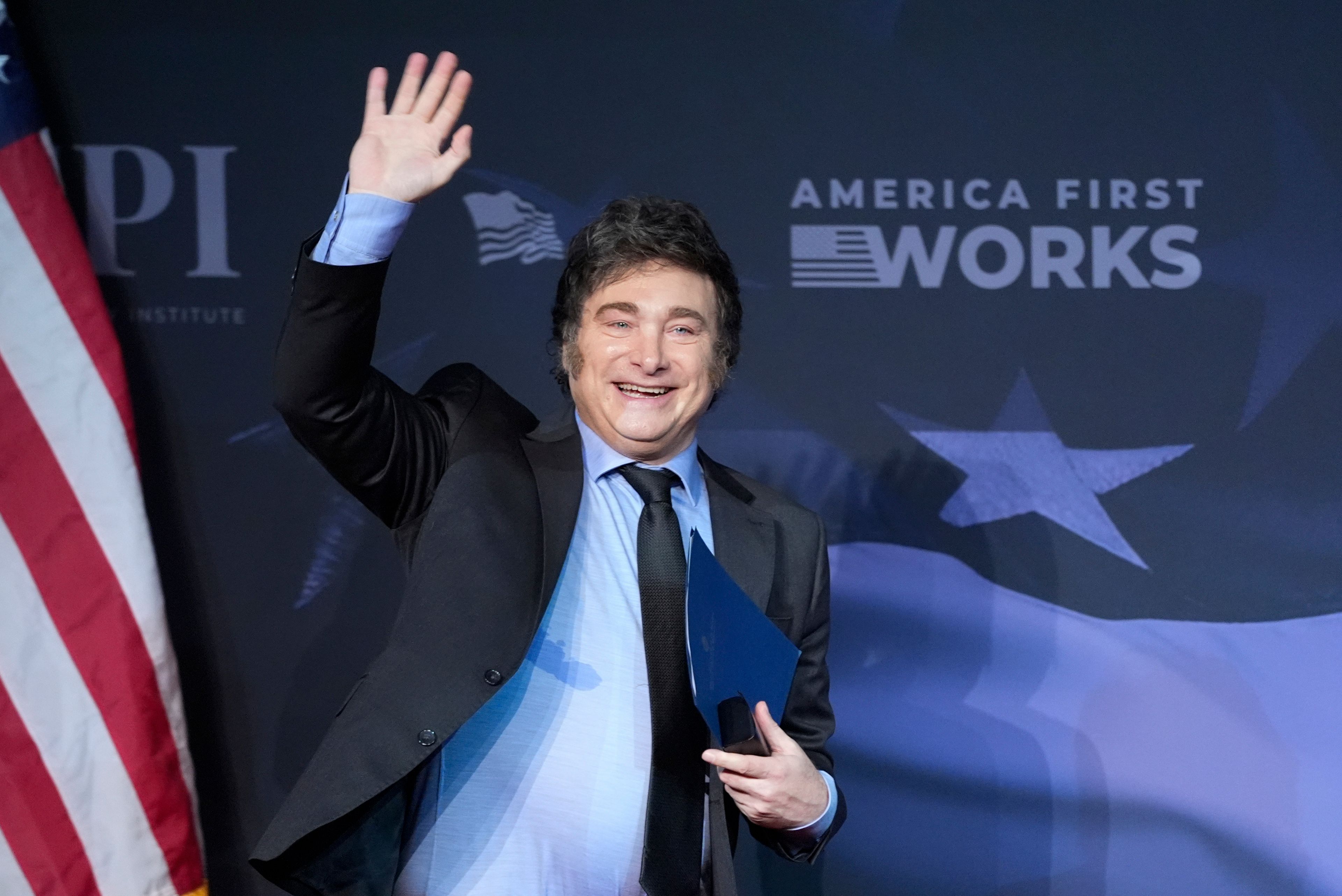 Argentina's President Javier Milei arrives to speak before President-elect Donald Trump during an America First Policy Institute gala at his Mar-a-Lago estate, Thursday, Nov. 14, 2024, in Palm Beach, Fla. (AP Photo/Alex Brandon)