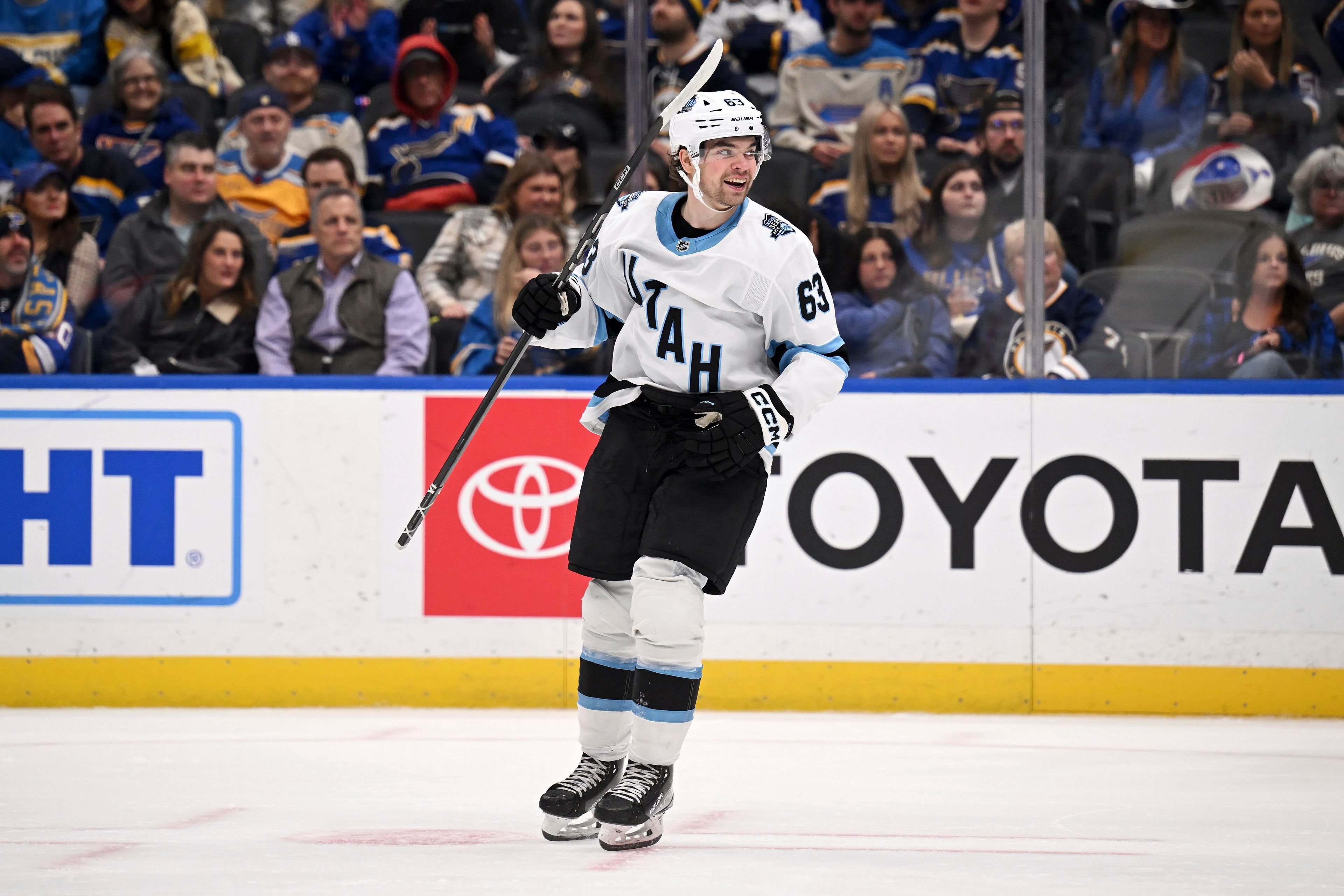 Utah Hockey Club's Matias Maccelli (63) celebrates after scoring a goal against the St. Louis Blues during the third period of an NHL hockey game Thursday, Nov. 7, 2024, in St. Louis. (AP Photo/Connor Hamilton)