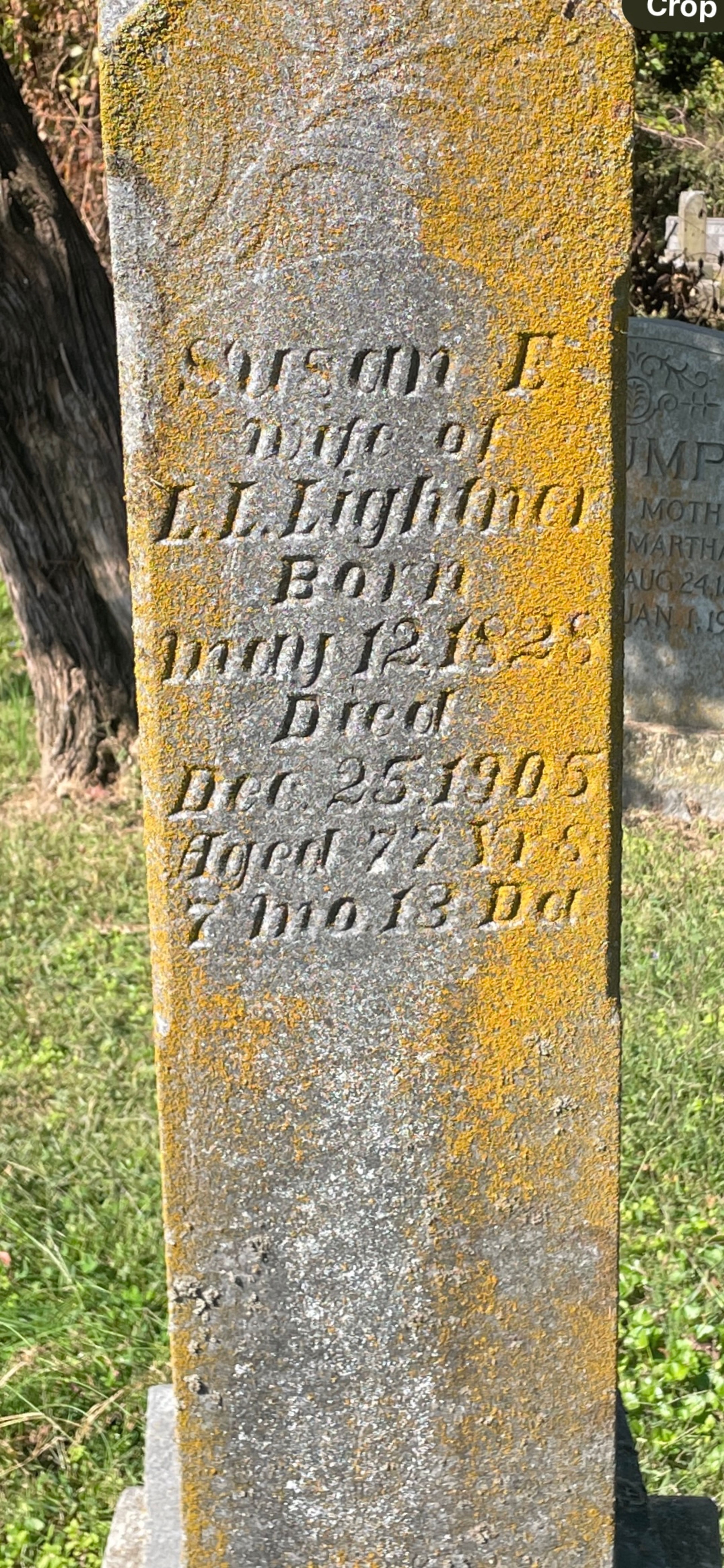 The gravestone of Levi L. Lightner's wife at the Old Thebes (Illinois) Cemetery.