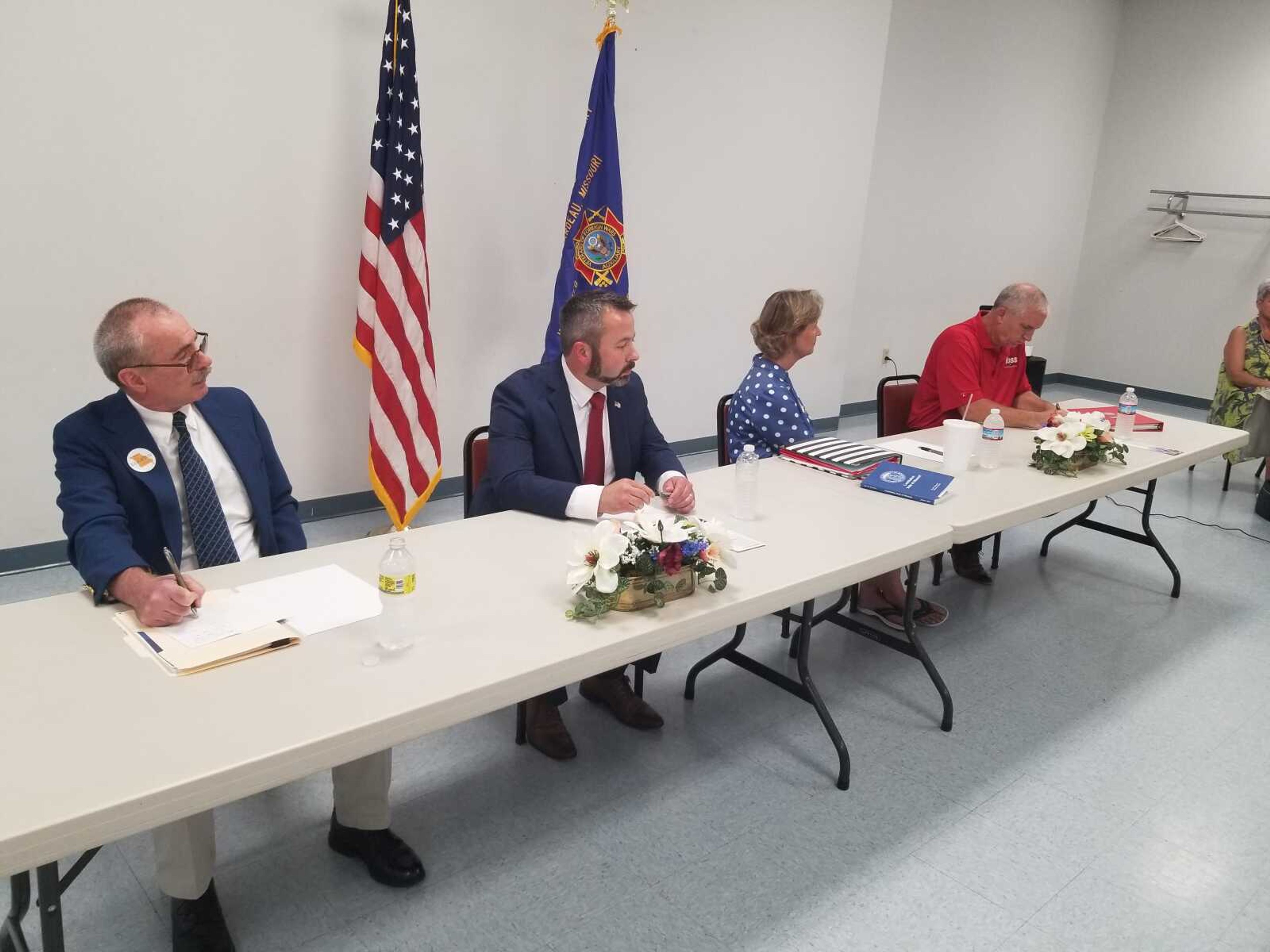 Candidates for State House District 147 participate Wednesday at a forum hosted by VFW Post 3848 Auxiliary in Cape Girardeau. From left: Democrat Andy Leighton and Republicans Nathan Thomas, Elaine Edgar and John Voss. The Aug. 2 primary is less than three weeks away.